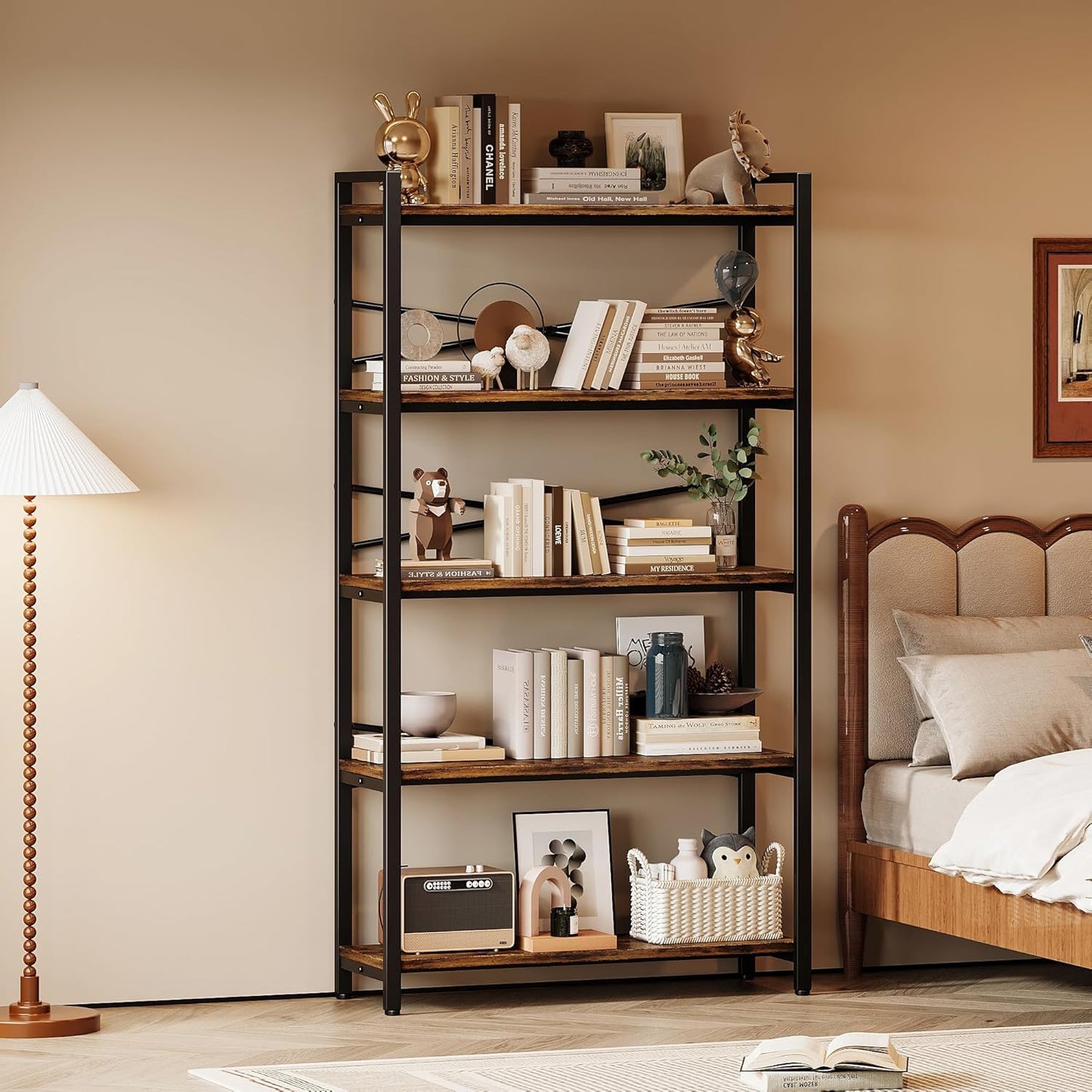 5 Tier Bookshelf 31.49" Width, Book Organizers and Storage, Wood and Metal Tall Bookcase, Rustic Book Shelf Organization and Storage for Home Living Room Bedroom Office Storage(Rustic Brown)