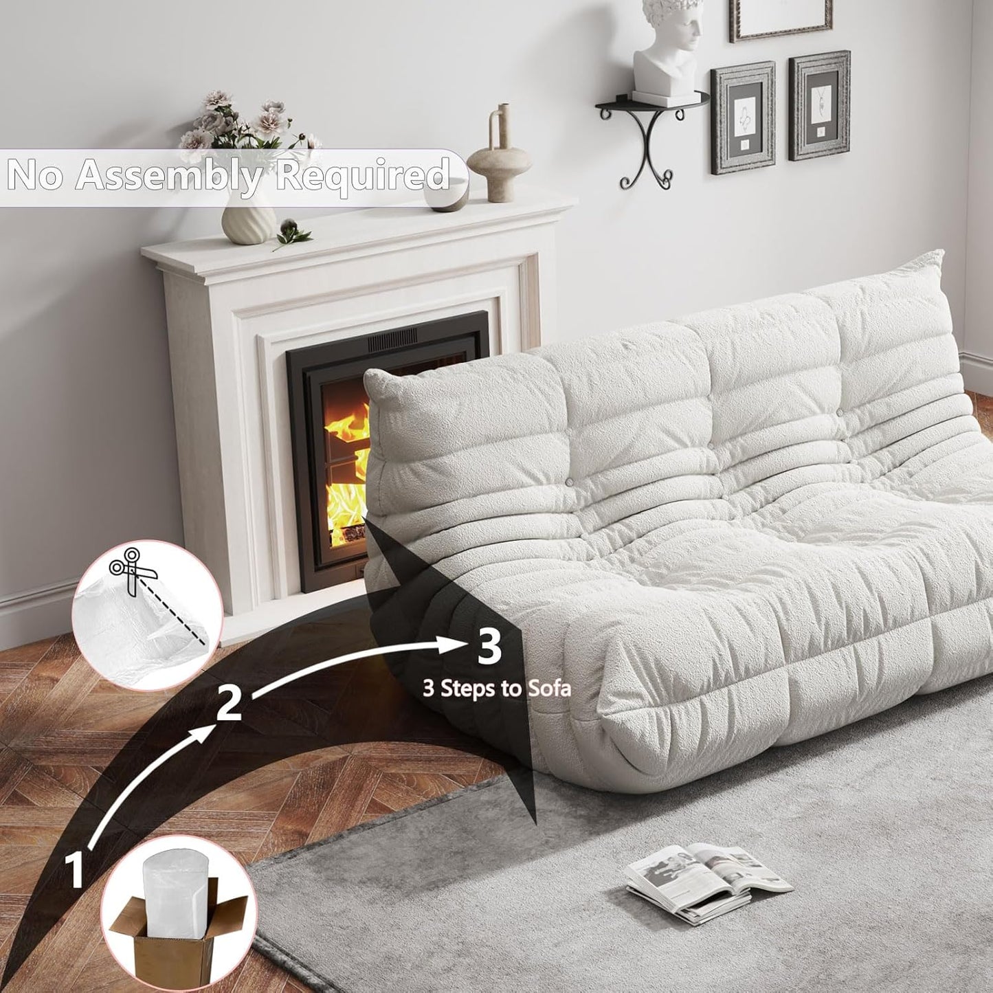 Bean Bag Chairs for Adults, BeanBag Reading Chair Memory Foam Couch 3-Seater, Floor Chair Soft Teddy Material, Comfy Reading Nook Chairs for Bedroom Living Room Office (White)