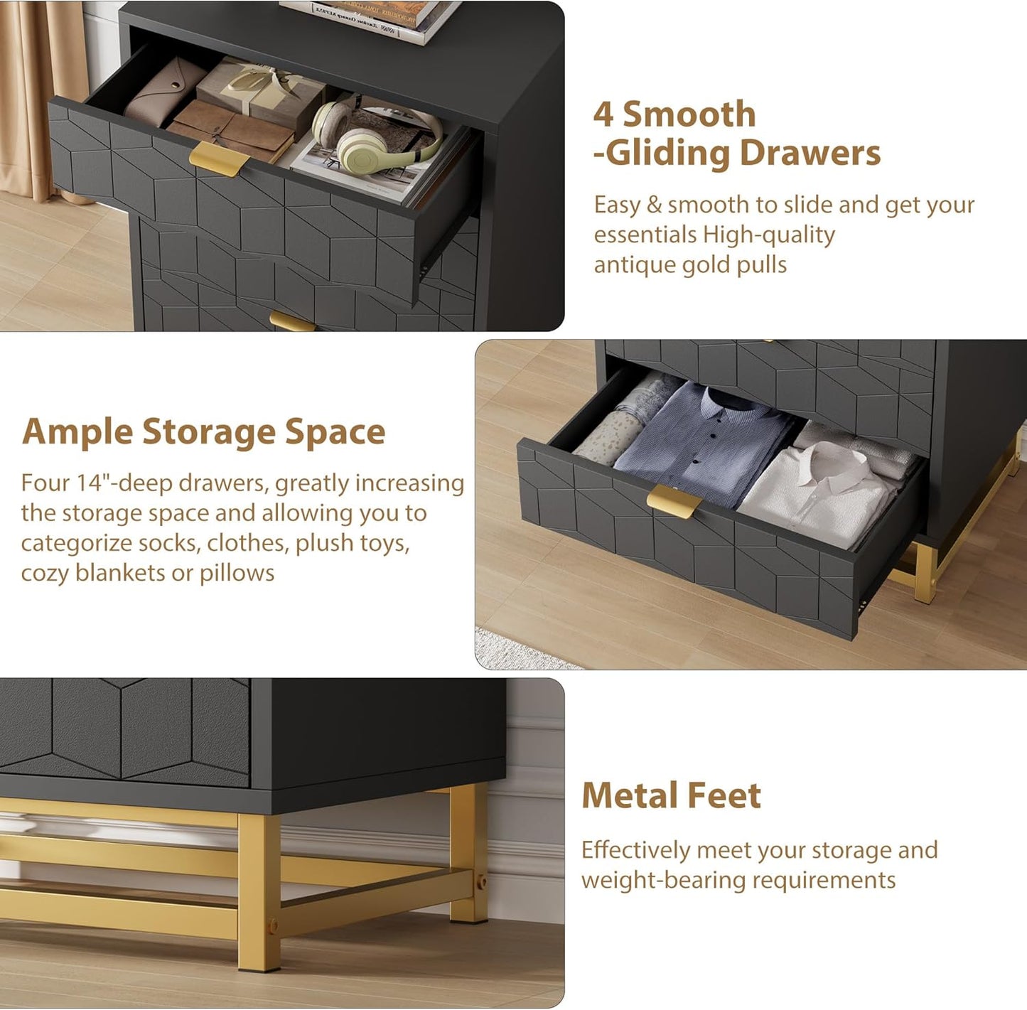 GAOMON Black Dresser, 4 Drawer Dresser for Bedroom, Wood Chest of Drawers, Modern Dressers with Gold Metal Handles for Living Room, Hallway, Entryway