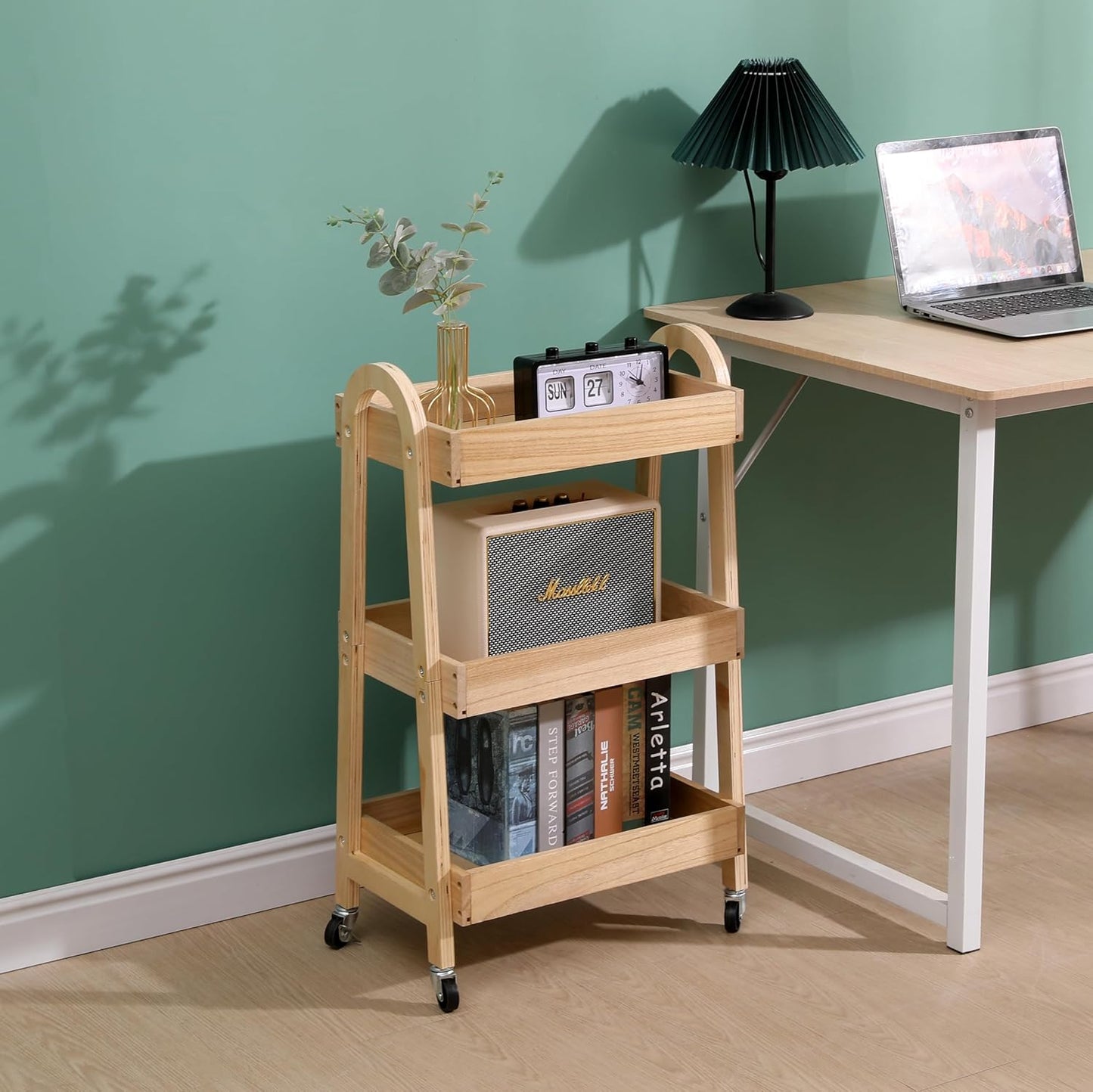 3-Tier Rolling Craft Cart, light-colored wood, Sturdy, Waterproof, with Wheels, for Kitchen, Bathroom, Laundry