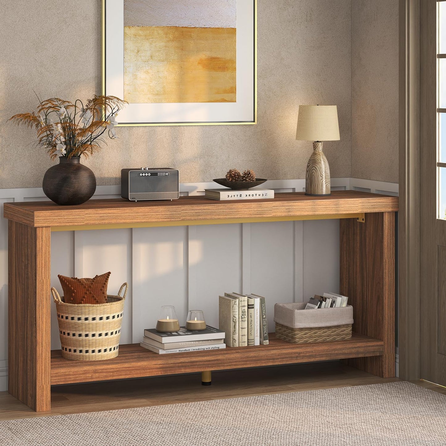 63 Inches Narrow Console Table, 2-Tier Long Sofa Tables Behind Couch Table, Farmhouse Foyer Tables for Entryway, Hallway, Living Room, Rustic Brown