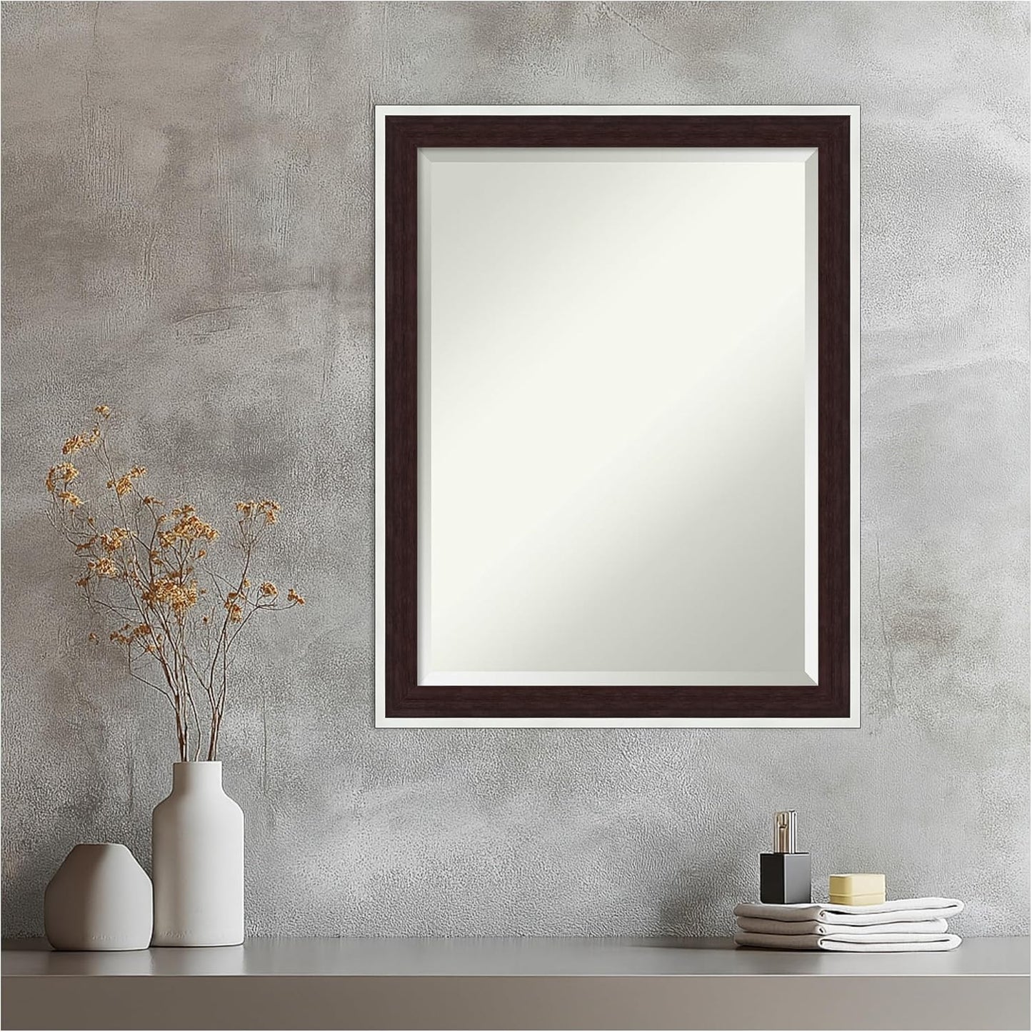 Amanti Art Wall Mirror 27x21 Maya Espresso Silver Rectangle Bathroom Mirror for Wall Decor Living Room, Medium Modern Contemporary Frame, Hangs Horizonally and Vertically, Bathroom Decor, Beveled Edge