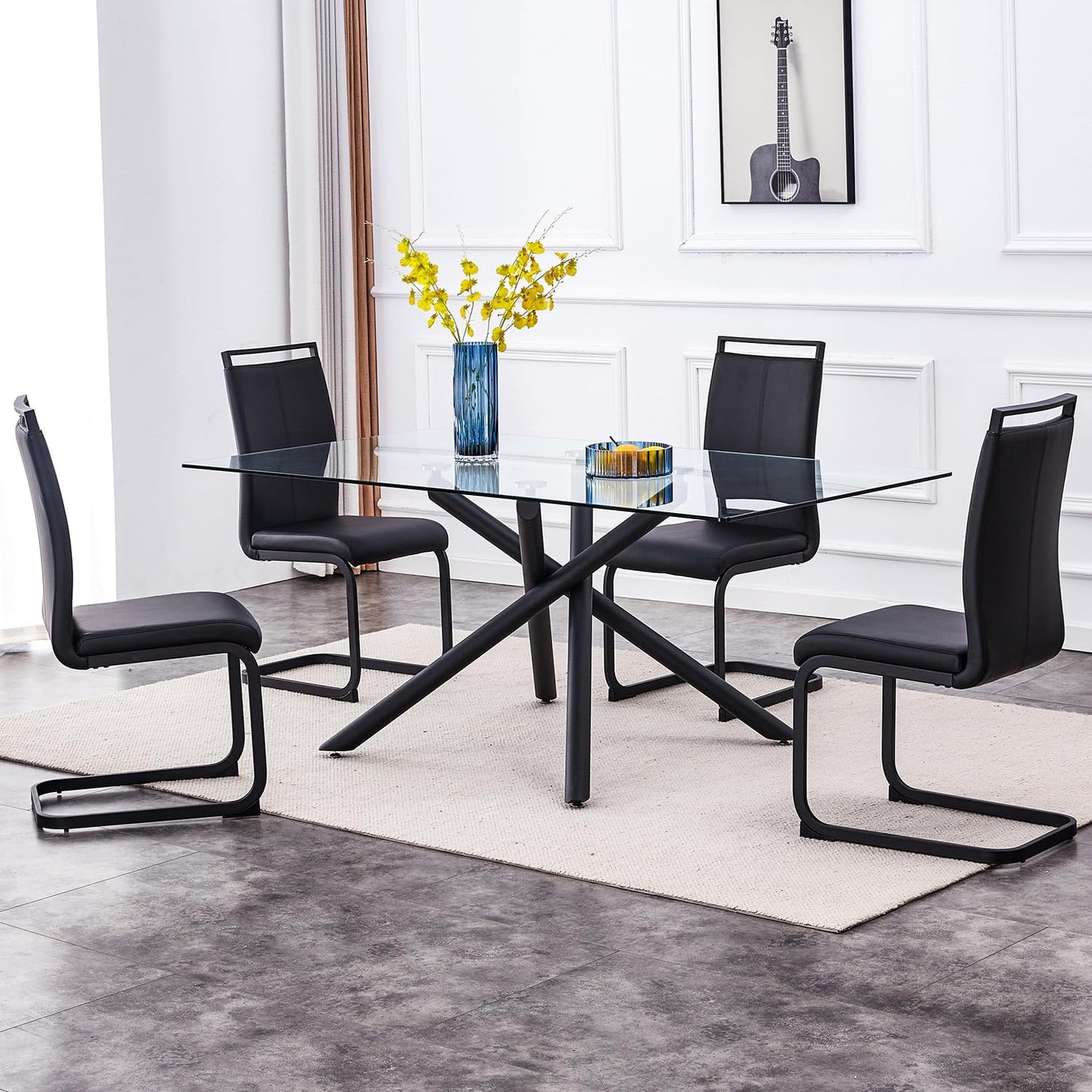 Modern Dining Chairs Set of 4,High Back Kitchen Chairs,Side Room Chair with Black Powder Coating Metal Legs,Easy to Clean Upholstered Dining Chairs,Ideal for Living Room(Black Chairs)