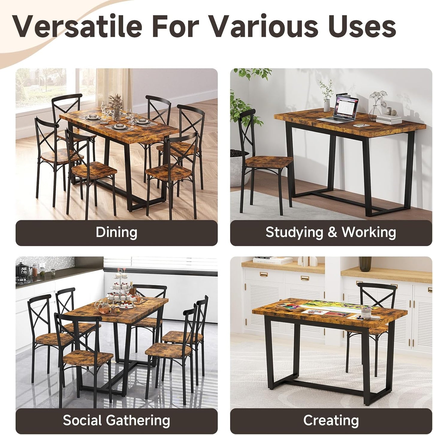 7-Piece Dining Table with Chairs Set, Rectangular Metal Frame Table with 6 Chairs, Modern Table Furniture Set for Kitchen, Dining Room and Living Room, Brown