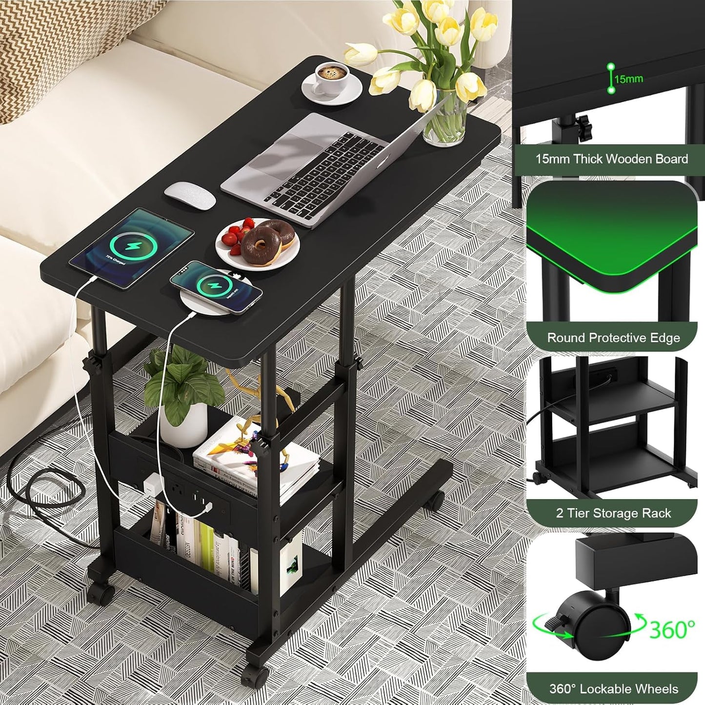 C Shaped End Table Height Adjustable - Couch Side Table with Charging Station, TV Tray with Wheels Slide Under Sofa for Small Spaces, Living Room Bedroom, Black