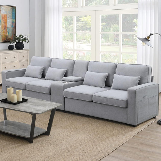 114.2" Linen Upholstered Sofa with Console and 2 USB Ports Wired or Wirelessly Charged,Modern 4-Seat Couches W/ 4 Pillows and Two Cupholders,for Living Room,Apartment,Light Gray