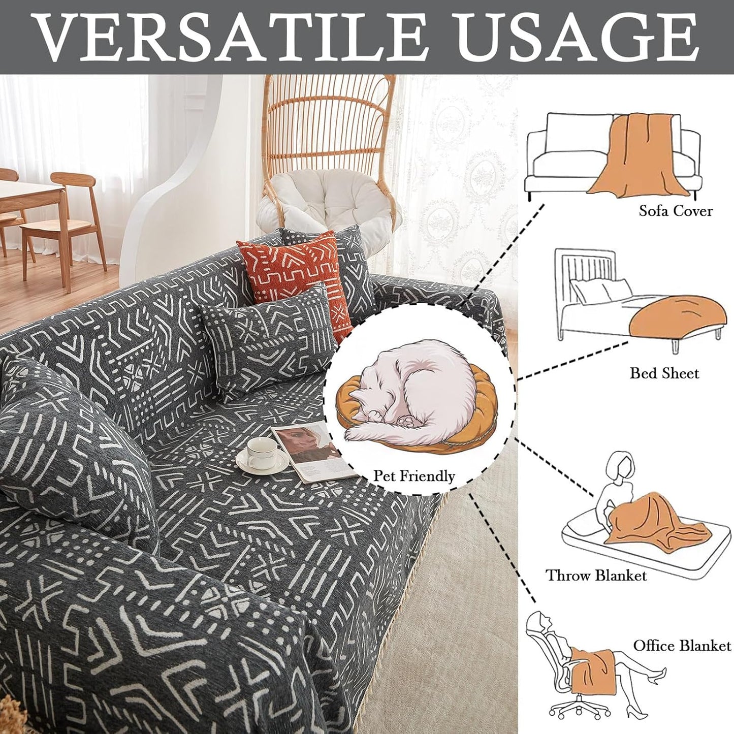 HANDONTIME Black White Boho Sofa Cover Boho Geometric Couch Covers Tassel Farmhouse Dog Sofa Covers for Slipcover Aesthetic Couch Cushion Cover Couch Protector for Dogs Living Room Dรฉcor, 71" X150"