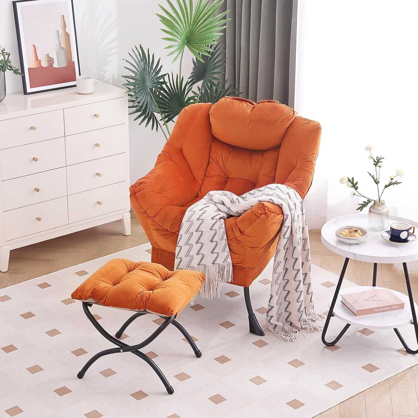 Lazy Chair with Ottoman, Modern Chair with Folding Footrest, Lounge Accent Chair, Comfortable Reading Chair, Oversized Armchairs for Bedroom, Study, Living Room, Courtyard (Velvet Orange)