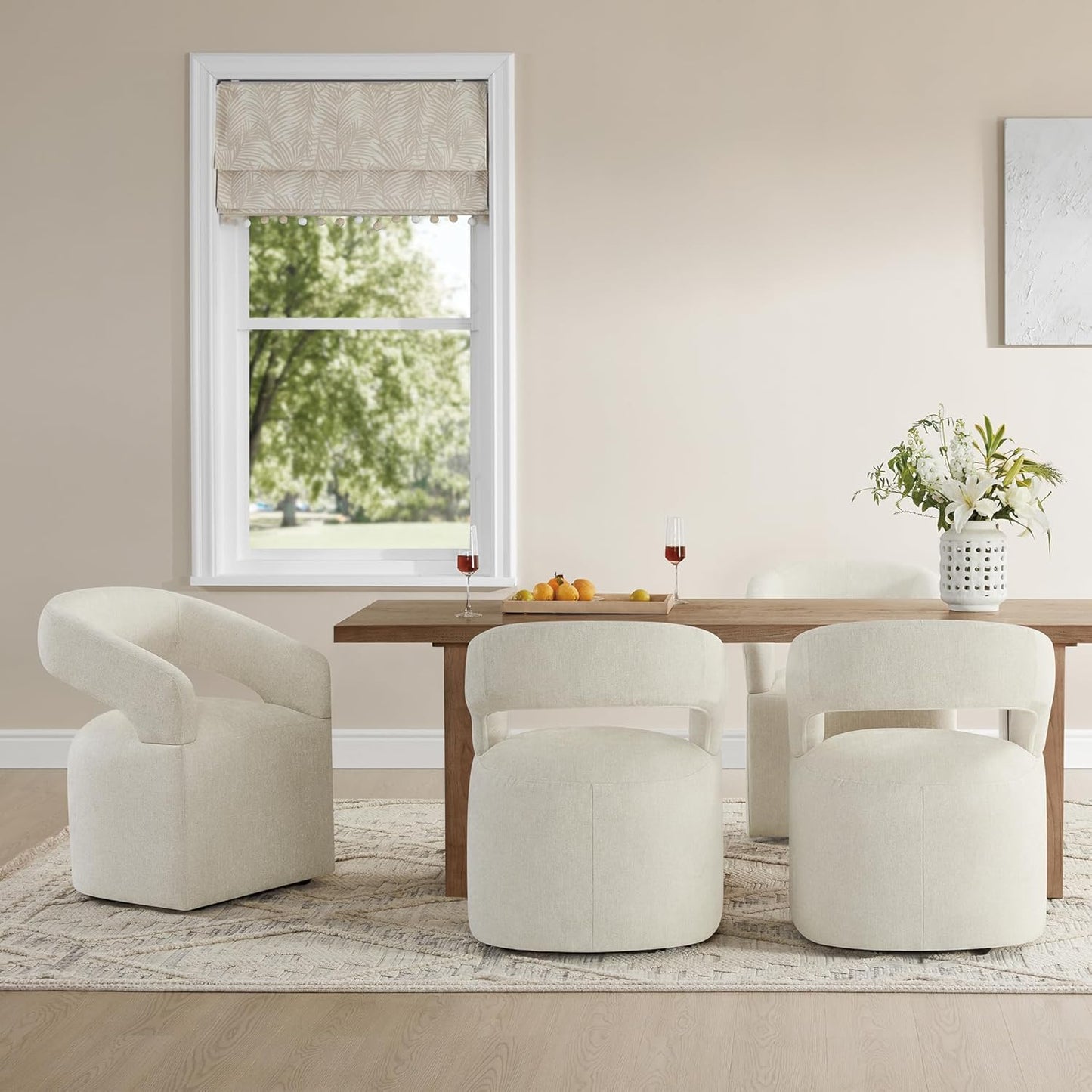 Upholstered Dining Chairs with Removable Casters Barrel Side Armchair with Rollers for Diningroom Bedroom Livingroom Reading Room, Cream Beige, 1PCS