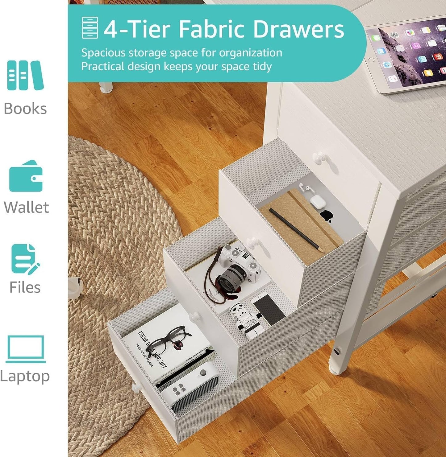 Lufeiya White Desk with Drawers & Storage Shelves, 47 Inch Study Work Writing Desk for Home Office Bedroom, Simple Modern Cute PC Computer Desks Table, White