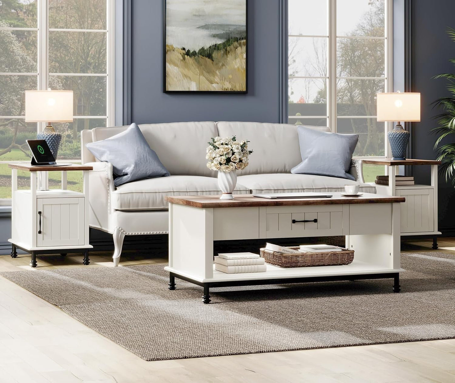 WAMPAT Narrow End Table with Charging Station, Farmhouse Side Table with Open Storage & Storage Cabinet for Living Room, Wooden Nightstand for Bedroom with Metal Legs, White/Oak