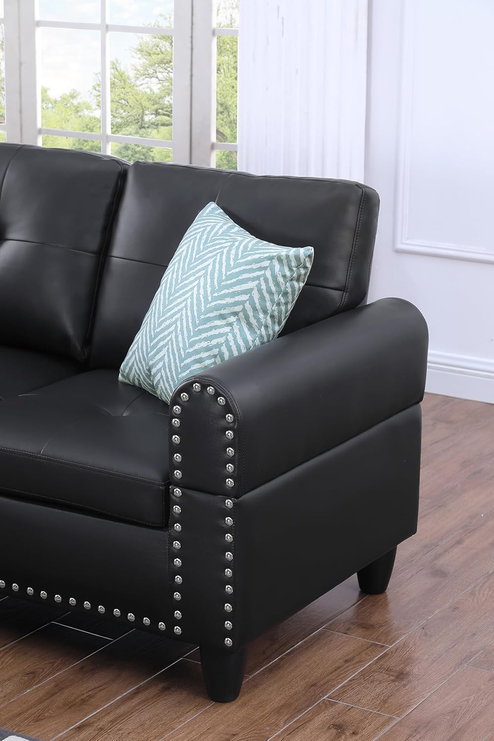 Ball & Cast 98" L Shaped Sectional Couch for Living Room with Chaise & Storage Ottoman,4 Seat Faux Leather Upholstered Modular Sectional Sofa Set 3 PCS W/Cup Holder&Nailhead Trim,for Home,Office,Black