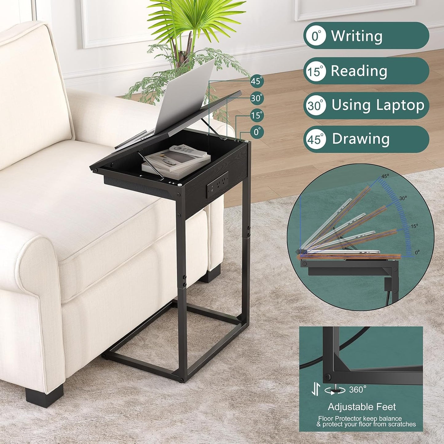 C Shaped End Table with Charging Station,45° Tiltable Adjustable Flip Top Side Table Set of 2,Small C Table Set 2 for Small Spaces,Slide Under Couch Sofa Bedside Table Living Room, Black