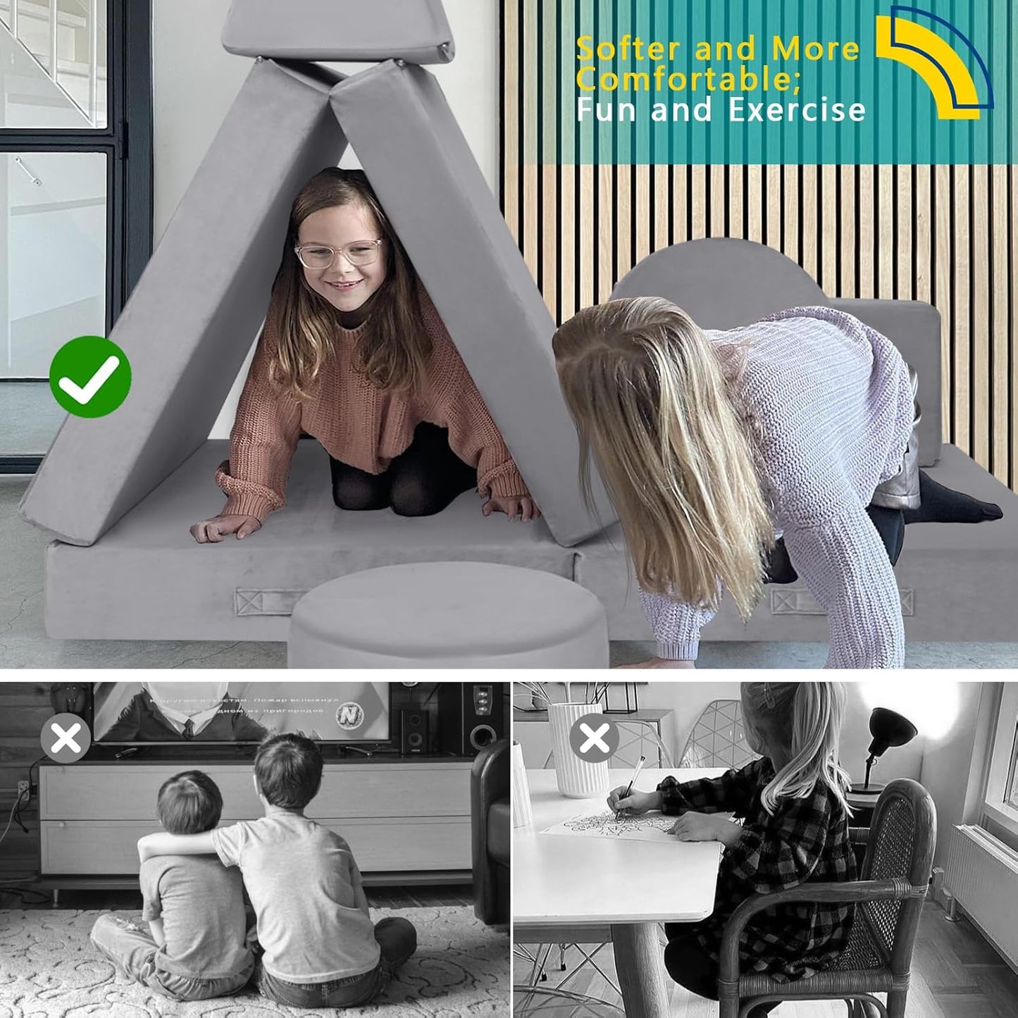 MeMoreCool Modular Kids Play Couch for Toddlers, Floor Foam Explorer Sofa with Building Fort Feature, Sectional Fold Out Block Couch for Playroom, Grey