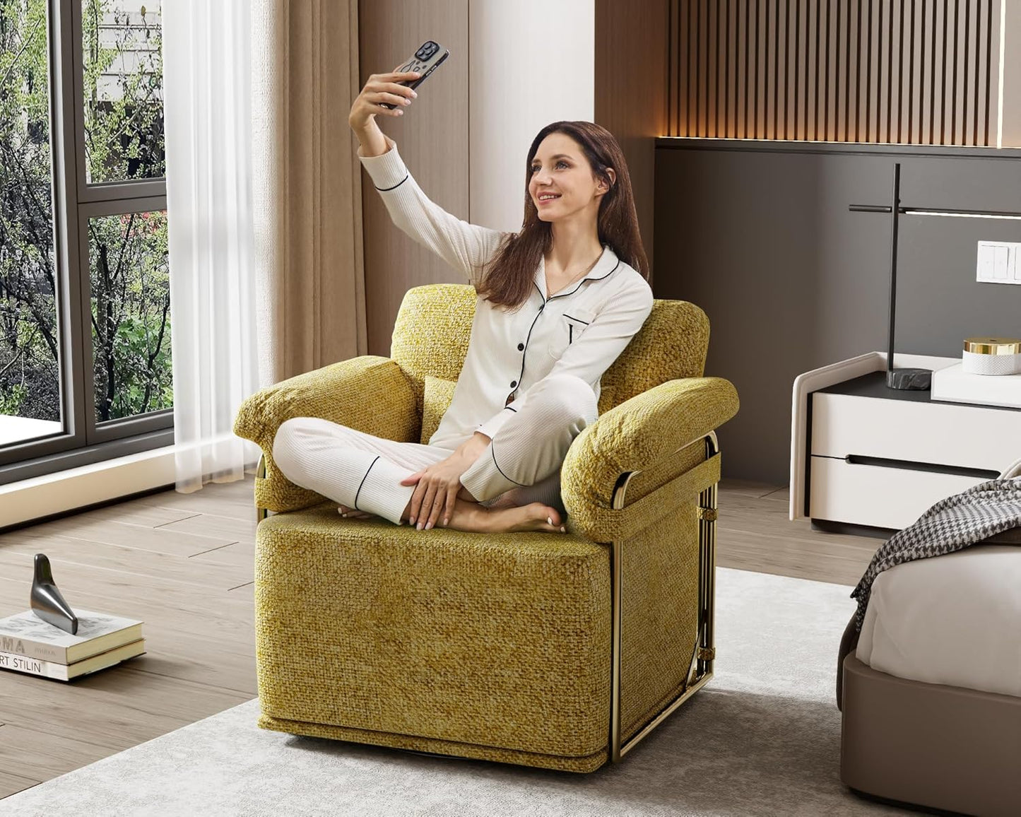 KEIKI Modern Comfy Swivel Accent Reading Chair with Waist Pillows, 360°Square Upholstered Barrel Armchair Single Club Lounge Sofa Chairs for Living Room,Bedroom,Office,Yellow