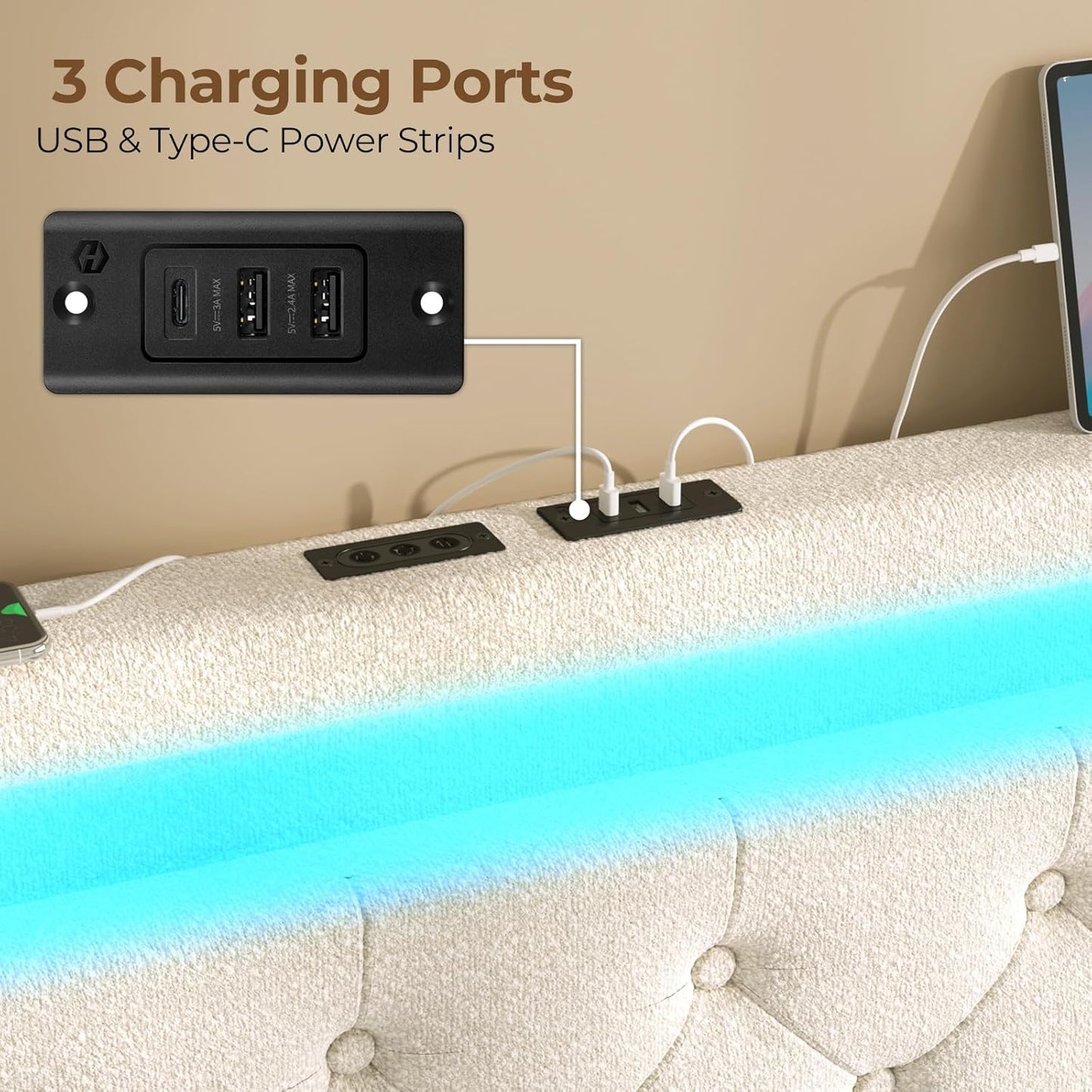 Rolanstar Twin Bed Frame with 4 Storage Drawers and Charging Station,Twin Bed with Led Lights, 2 USB & 1 Type C, Adjustable Headboard 38.9/40.8 Inches, No Box Spring Needed, White