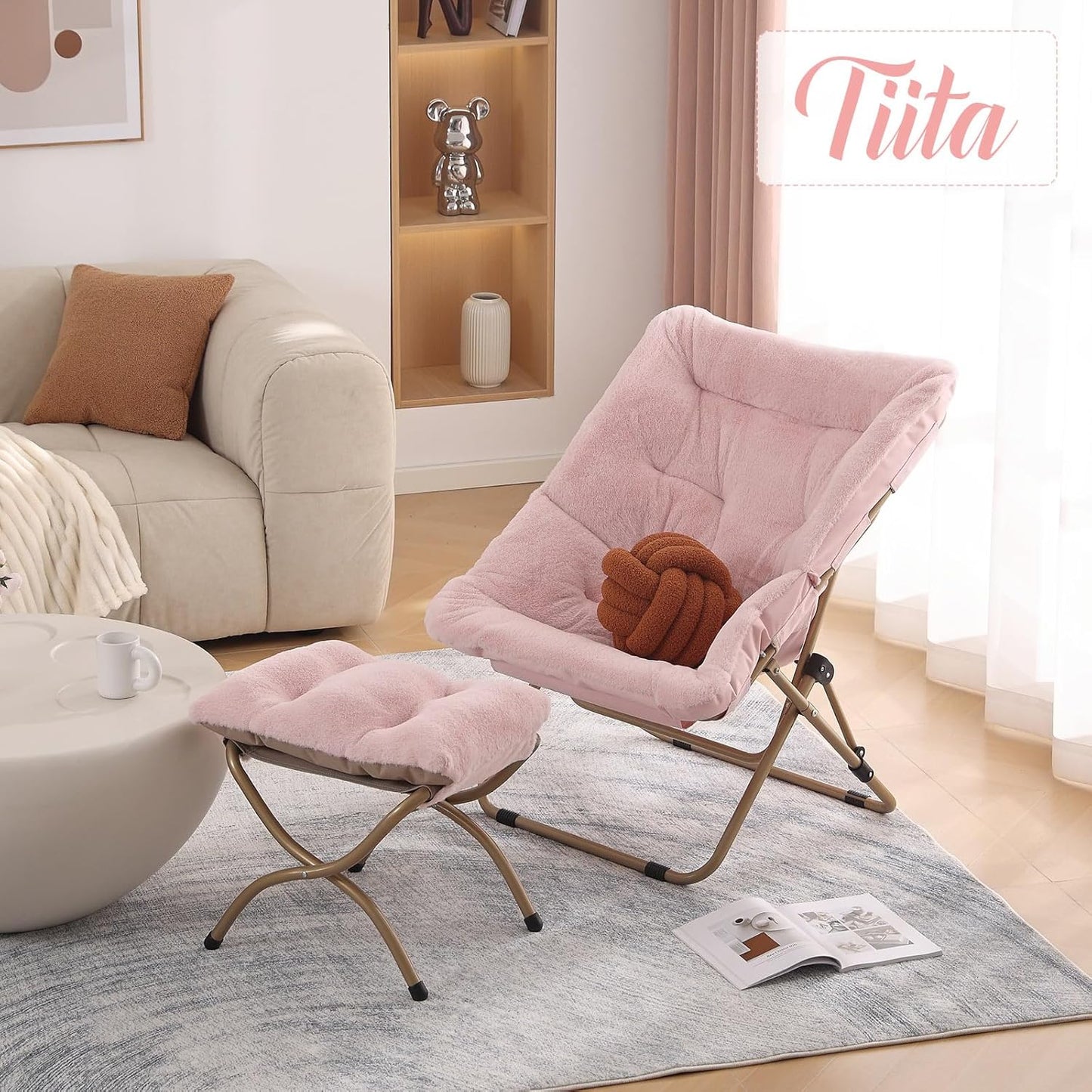 Tiita Folded Chair with Ottoman, Soft Faux Fur Oversized Folding Accent Chair,Lounge Lazy Chair, Metal Frame Moon Chair for Bedroom, Living Room, Dorm Rooms, Garden and Courtyard