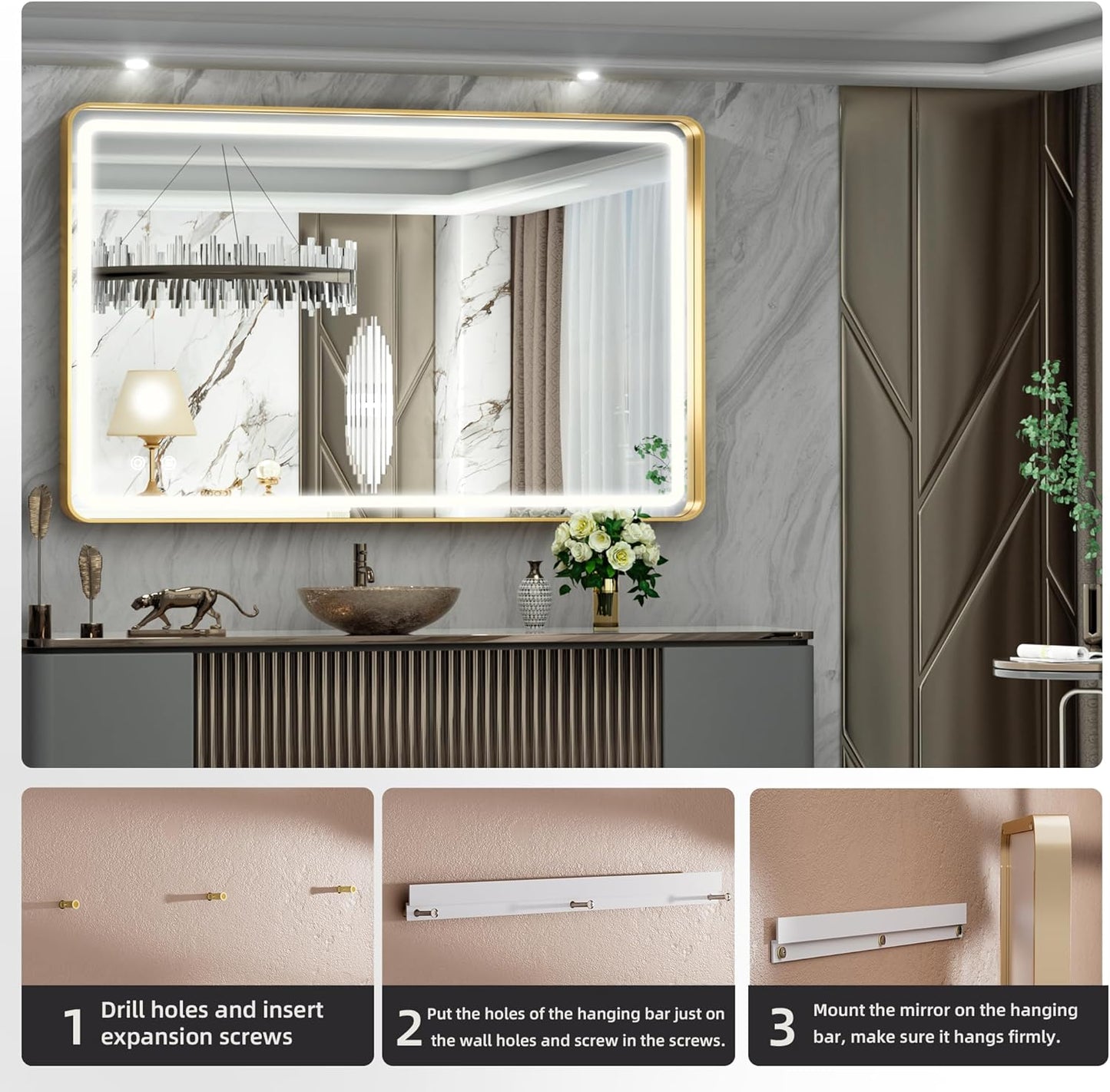 Hasipu LED Bathroom Mirror with Lights 40 x 26 Inch, Gold Metal Frame Light Mirror for Vanity Anti-Fog, Dimmable, 3 Colors (Horizontal/Vertical)
