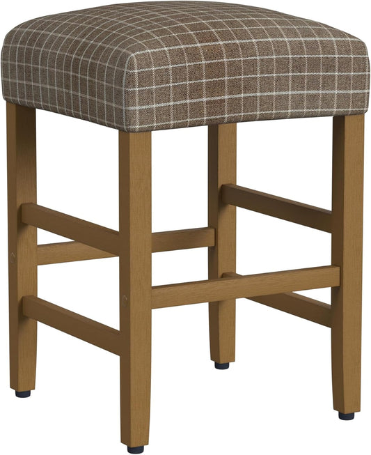 HomePop Home Decor |Classic Open-Back Counter Height Barstool| Square 24 Inch Bar Stools with Domed Cushion, Brown Window Pane Print