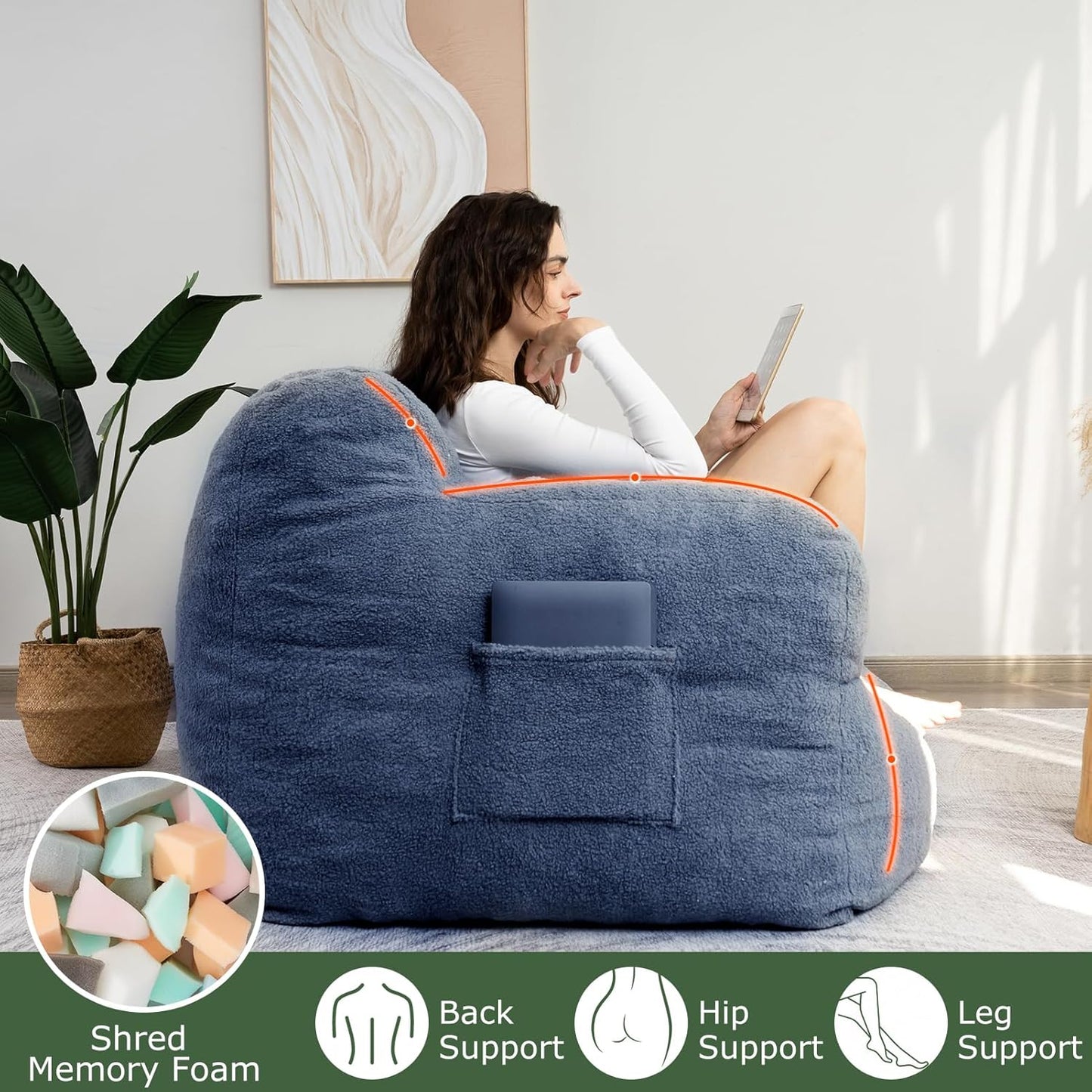 HIGOGOGO Giant Bean Bag Chairs for Adults,Big Comfy Chair Sofa for Bedroom Living Room, Large Lazy Bean Bag Chair with Pocket Armrests for Gaming, Reading