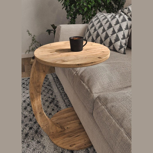 C Shaped End Table for Couch Small Places, Space Saver Round Side Table for Sofa and Bedside with Wheels, Coffee and Eating Snack Time Tray for Living Room, Office (Natural)