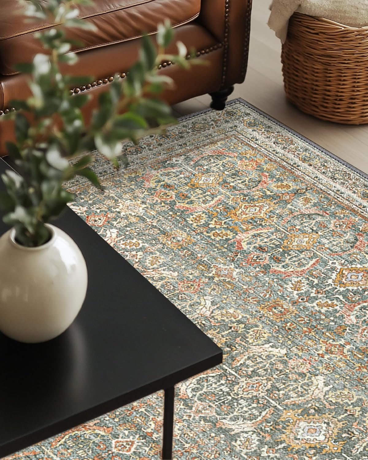 10X14 Area Rugs Machine Washable Rugs for Living Room, Vintage Boho Large Rugs for Bedroom Dining Room, Non Slip Indoor Soft Distressed Lightweight Thin Low Pile Carpet, Turmeric