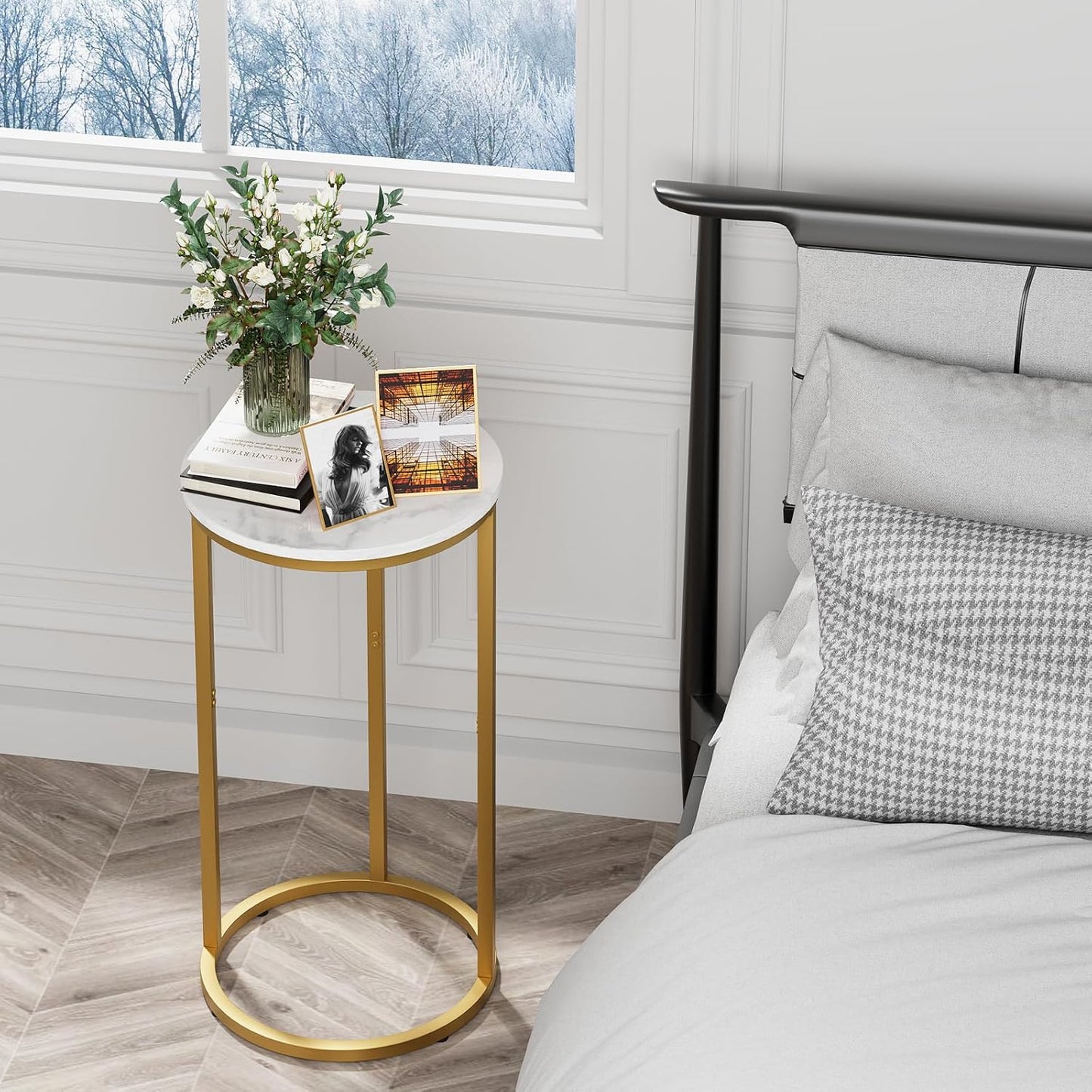 C Shaped End Table, Couch Side Tables for Living Room, Round Sofa End Table with Metal Frame, Small Wooden Snack Table for Bedroom, Small Spaces, Easy Assembly (Gold)