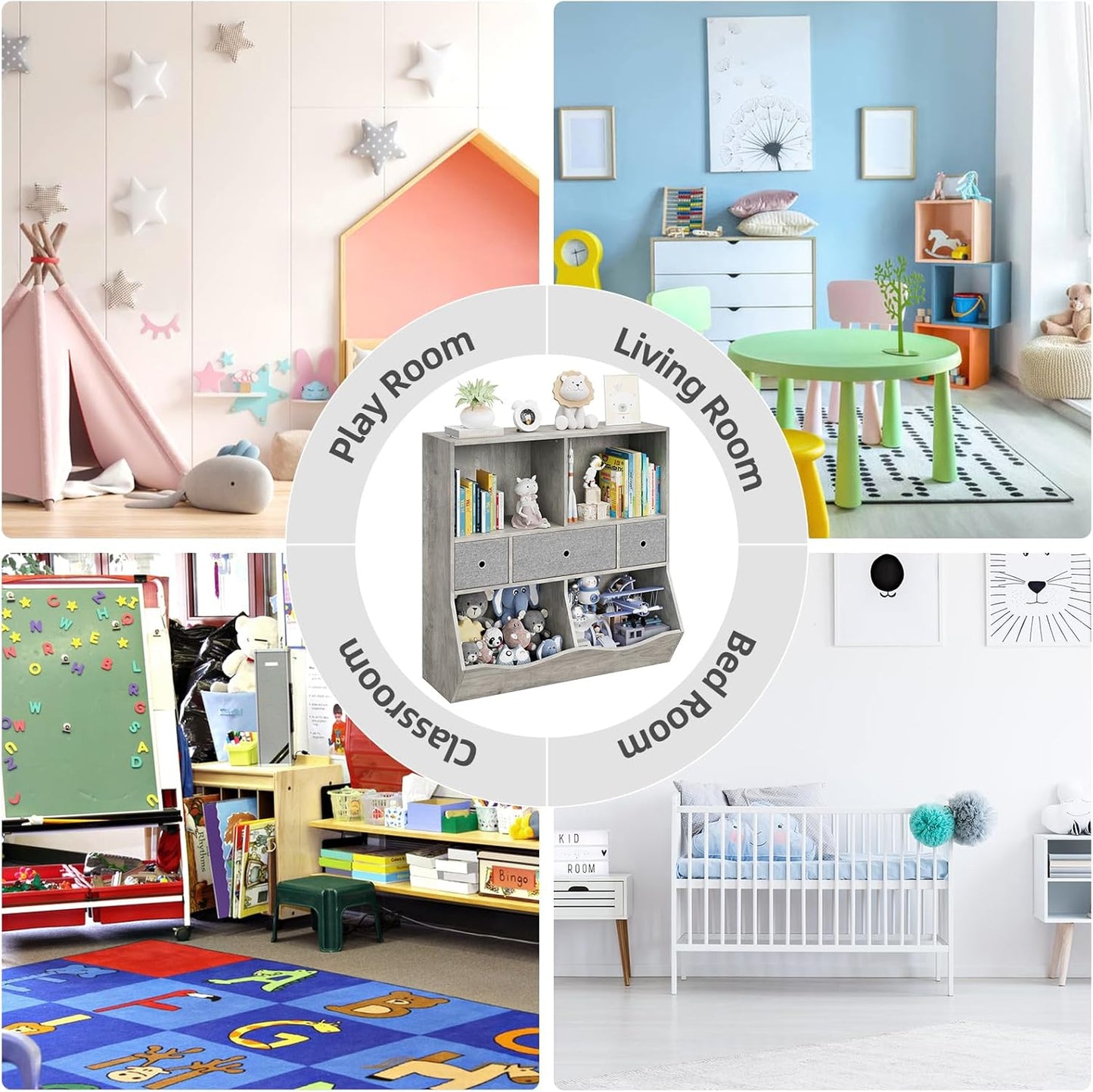 IDEALHOUSE Kids Bookshelf and Toy Storage Organizer with 3 Movable Drawers, Floor Storage Cabinet Toy Chest with 4 Cubbies, Multifunctional Storage Chest for Nursery, Playroom and Bedroom, White