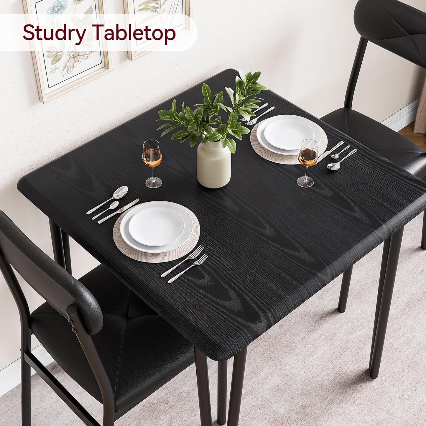 IDEALHOUSE Dining Table Set for 4, Kitchen Table with Upholstered Chairs for Kitchen Room and Small Spaces (Black, Table with 2 Upholstered Chairs)