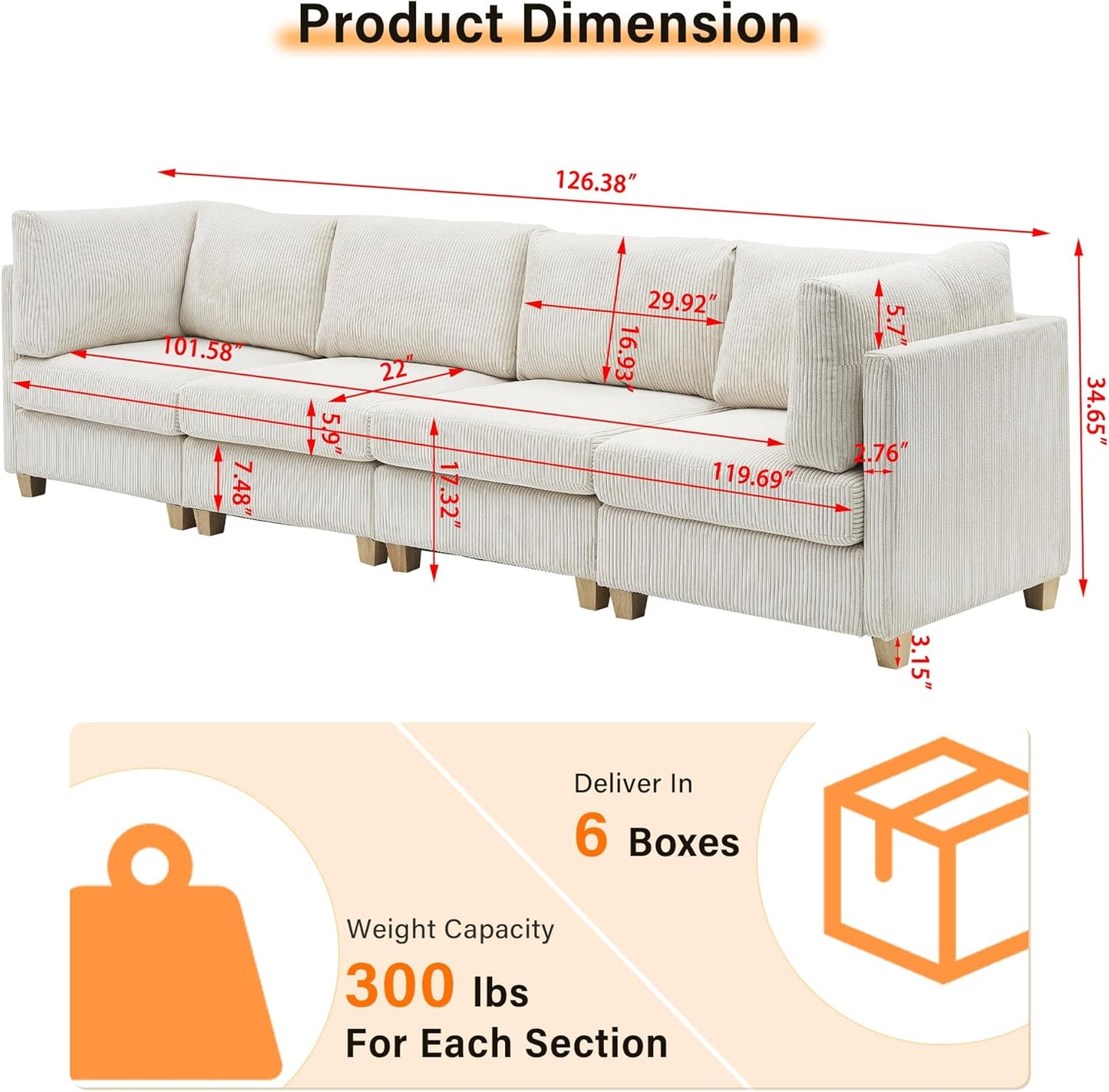 126" Convertible L-Shaped Modular Sectional Sofa, 4 Seater Corduroy Upholstered Corner Sofa Couch with Extra Wide Deep Seat, DIY Combination Lounger Sofa with Solid Wood Legs for Living Room Office