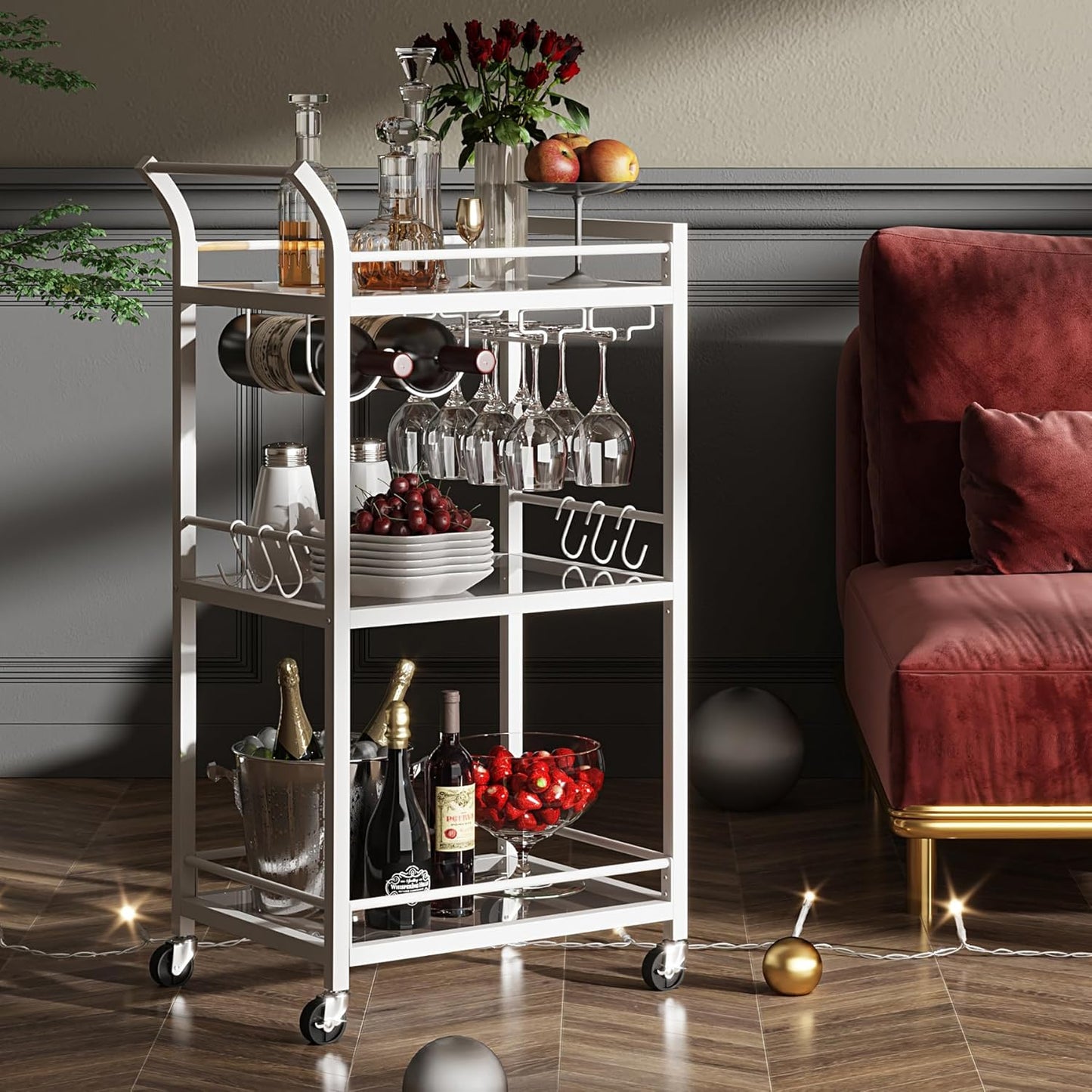 TUTOTAK Bar Cart, Home Bar Serving Cart with 3-Tier Mirrored Shelf, Mobile Kitchen Shelf, Rolling Beverage Cart, White BC01BW034
