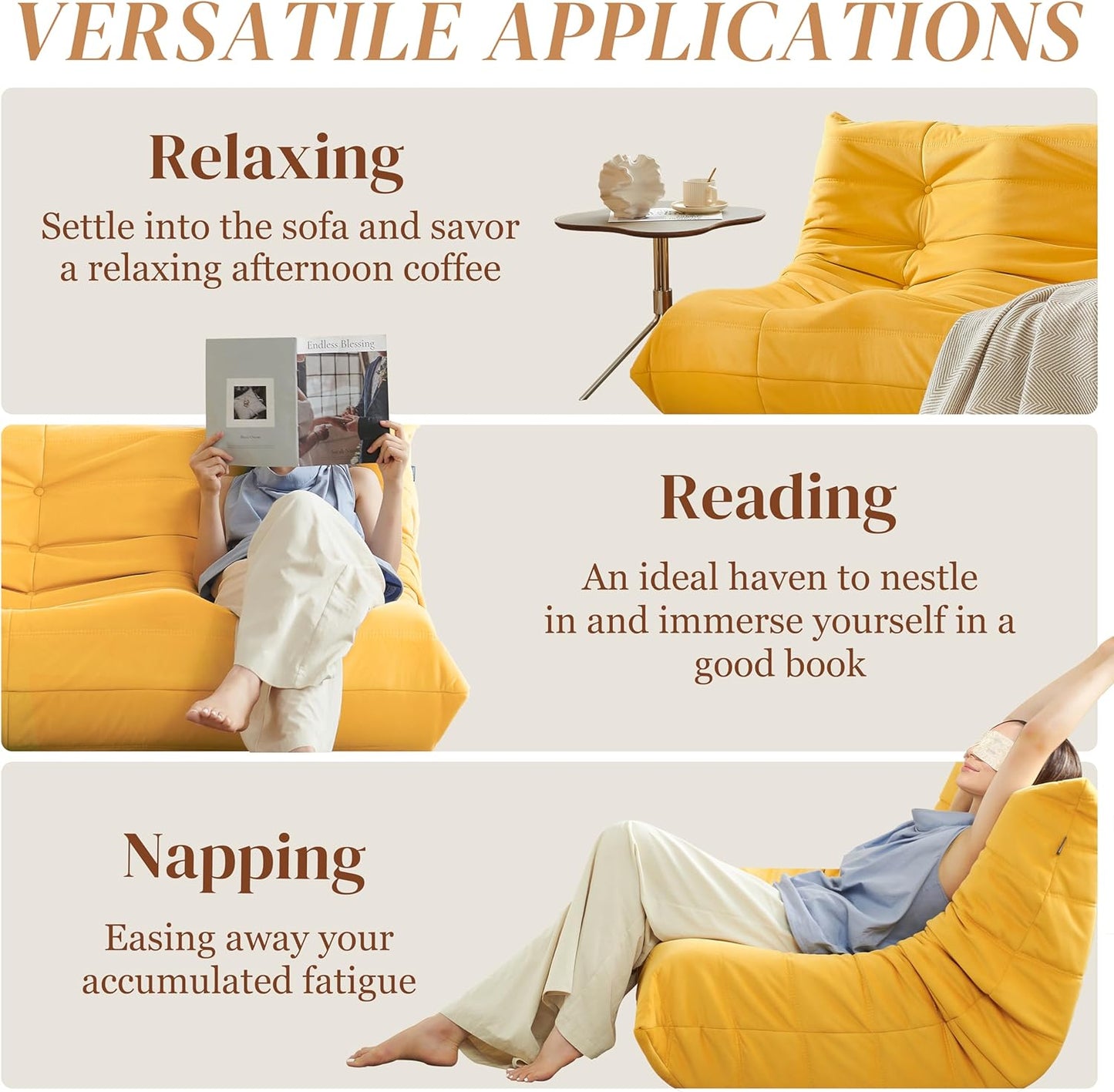 Bean Bag Chair, Loveseat Fireside Chair Bean Bag Sofa for Adults, 2 Seater Bean Bag Chairs for Teens with High-Resilience Foam, Memory Foam Bean Bag for Living Room, Bedroom, Office (Suede, Yellow)