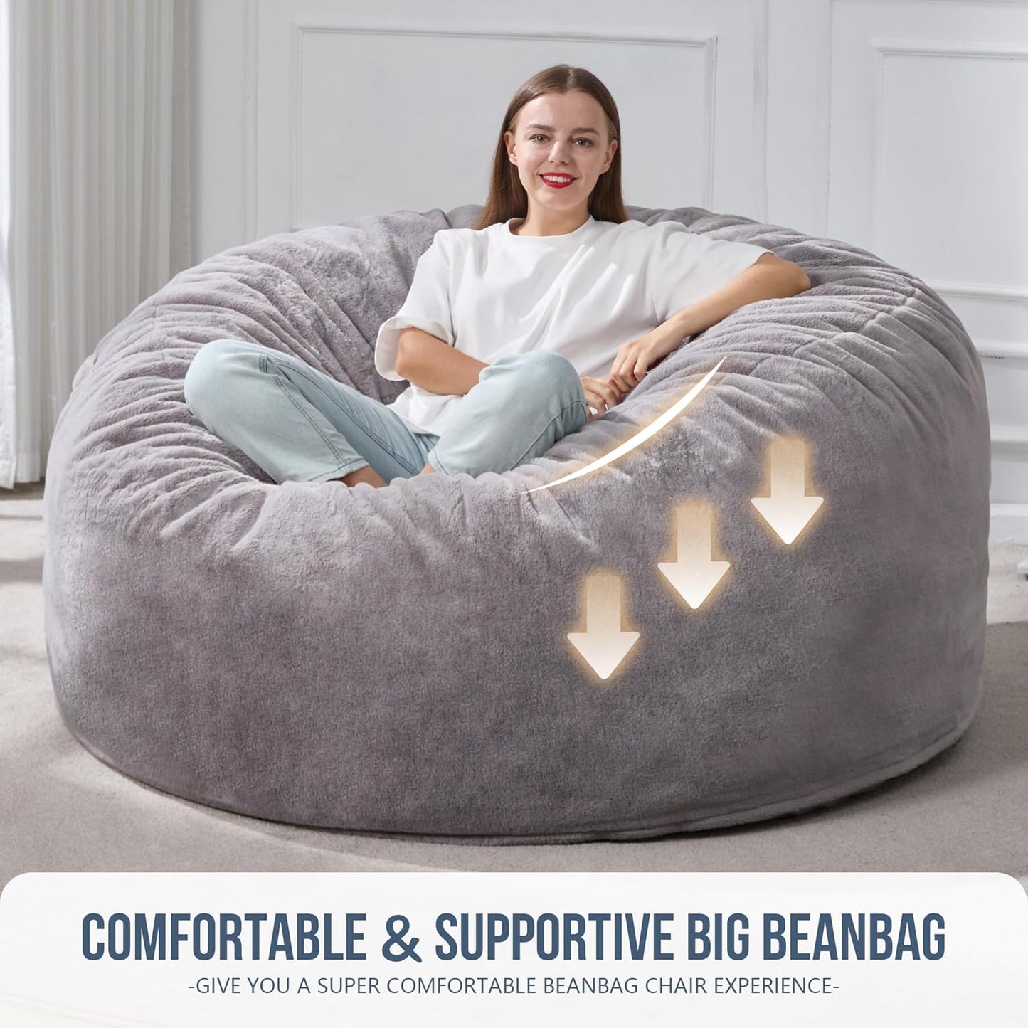 Hobestluk 5ft Bean Bag Chairs for Adults Large Beanbag Chair with Plush Faux Fur Cover Big Bean Bag Chair for Living Room Bedroom Dorm Office - Grey (50” x 50” x 24”)