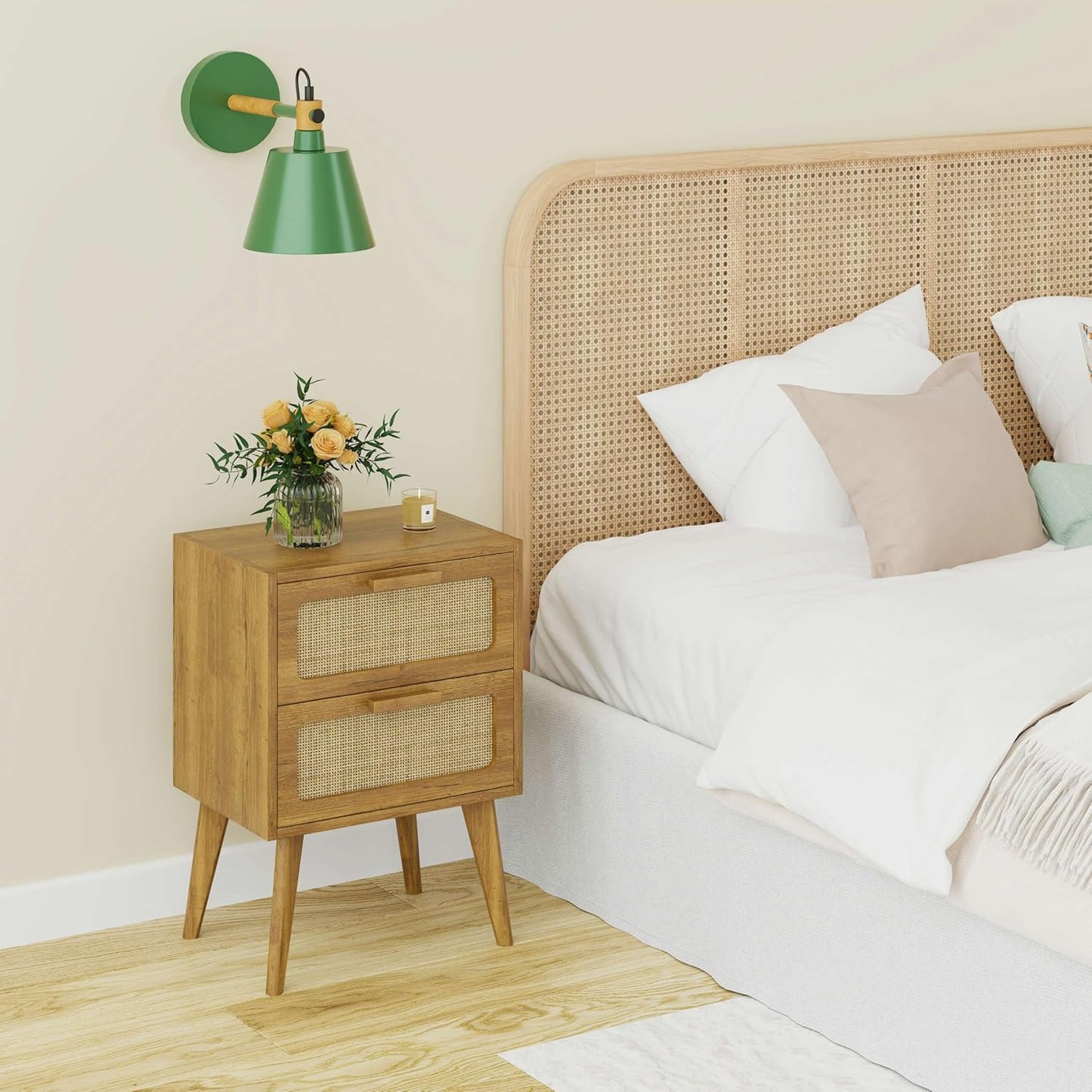 Rattan Nightstand,End Table, Side Table with 2 Hand Made Rattan Decorated Drawers,Boho Bedside Table,Wood Accent Table with Storage for Livingroom, Bedroom, Toffee Wood CTG59T