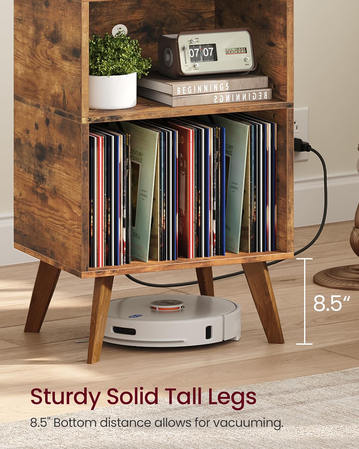 Record Player Stand, 3-Tier Side End Table with Charging Station, Turntable Stand Up to 160 Albums, Vinyl Storage Cabinet Dispaly Shelf for Living Room, Brown