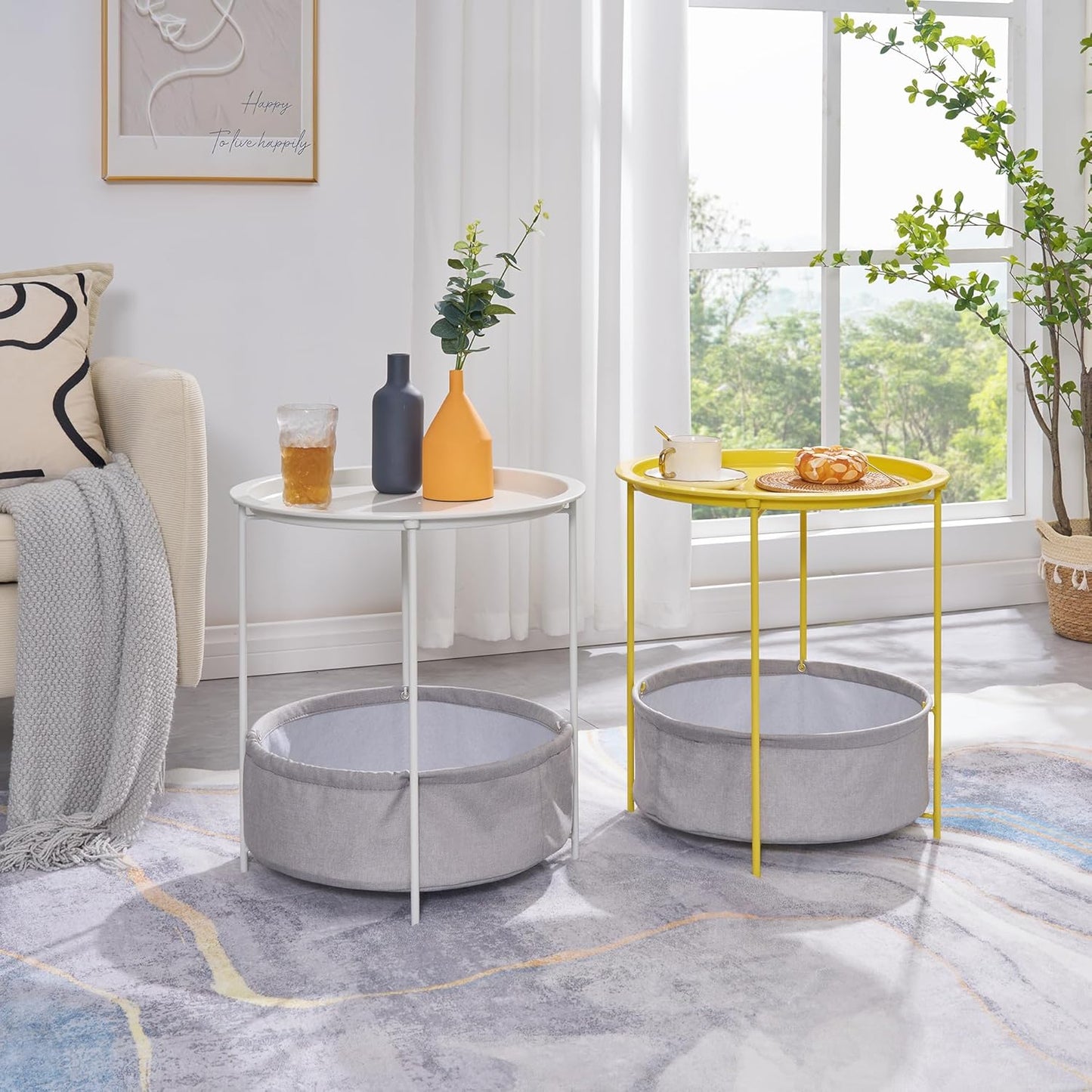 VECELO Round Side/End Table with Fabric Storage Basket,Metal Anti-Rust and Waterproof Small Bedside Nightstand with Removable Tray Top for Living Room,Balcony & Laundry,Yellow /1pcs with Basket