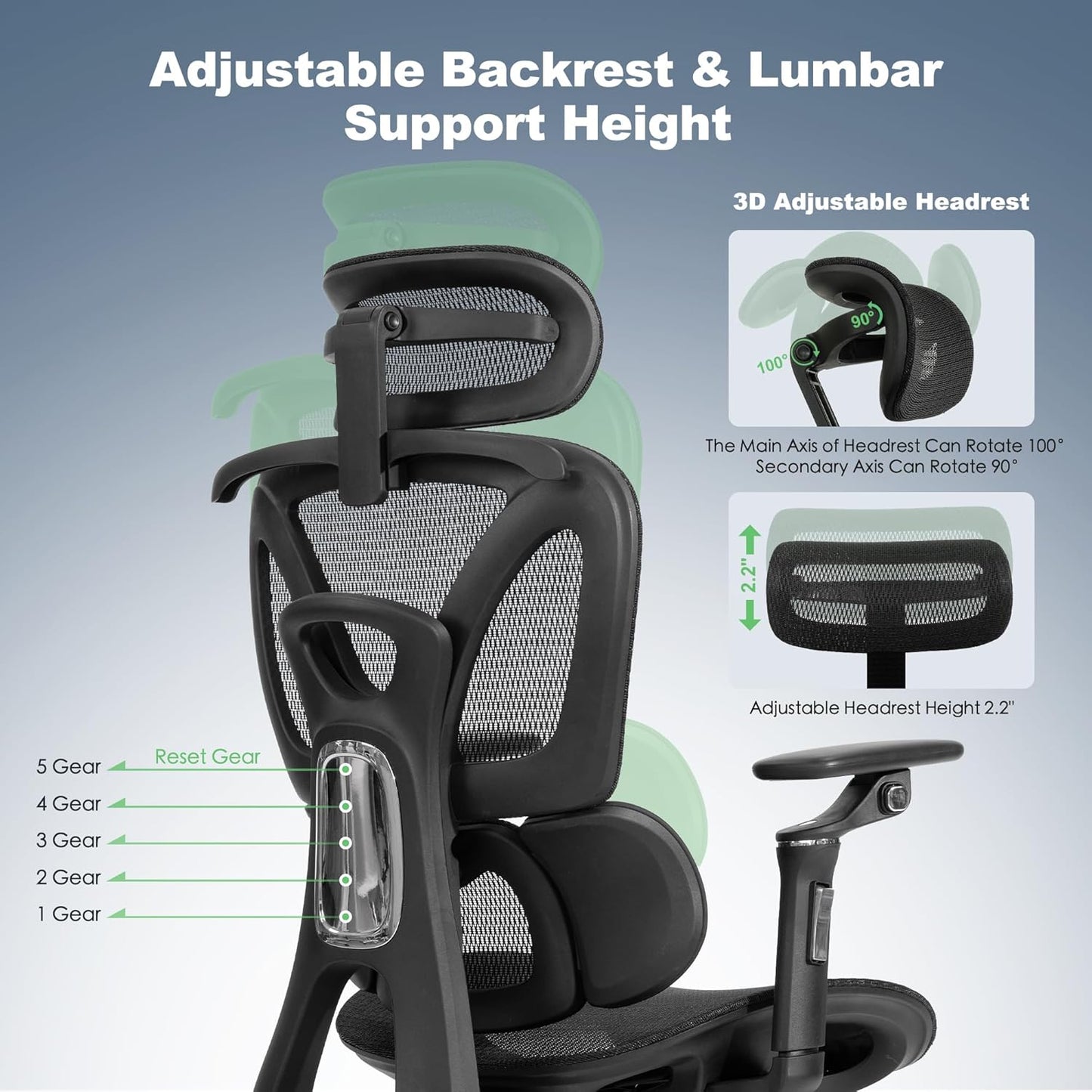 Ergonomic Mesh Office & Gaming Chair with Footrest, High Back Home Office Desk Chair, Comfortable 3D Lumbar Support, 130° Tilt, Adjustable Seat Depth, Adjustable 6D Armrest & 3D Headrest