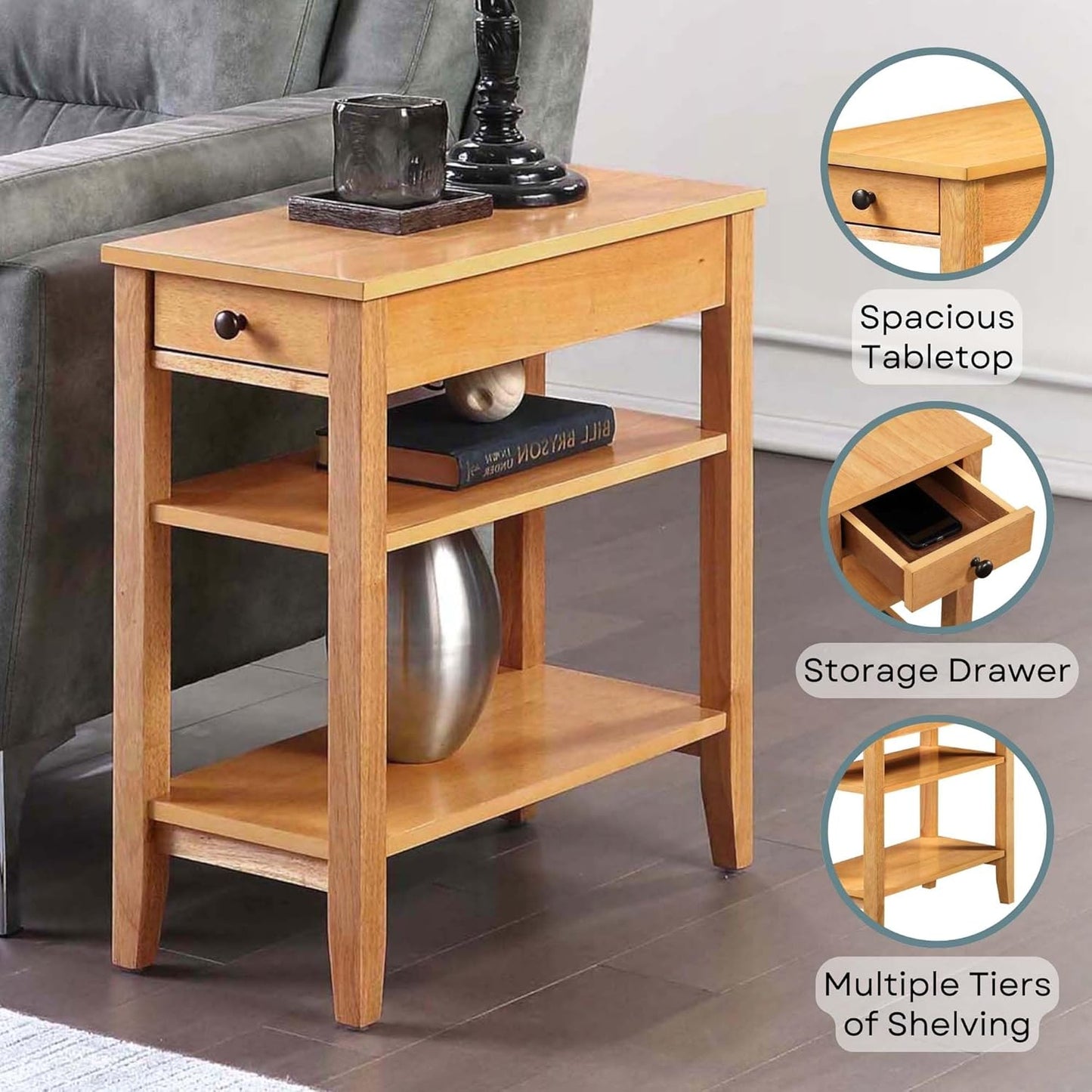 Convenience Concepts American Heritage Chairside End Table 23.5" - Classic Narrow Side Accent with Storage Drawer & Shelves for Living Room or Traditional Bedroom Nightstand, Natural