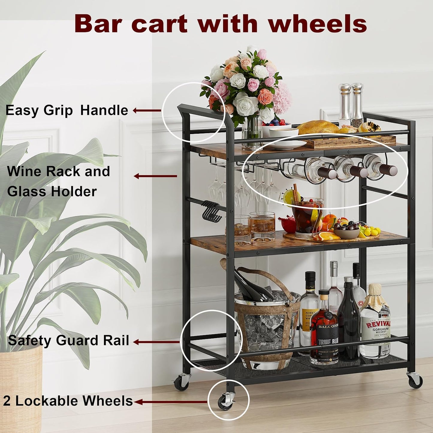 3 Tier Bar Cart, Home Bar Serving Cart with Wheels, Small Rolling Beverage Cart with Glass Holders, Mini Drink Cart with Wine Rack for Kitchen Dining Living Room Rustic Brown GBC507R