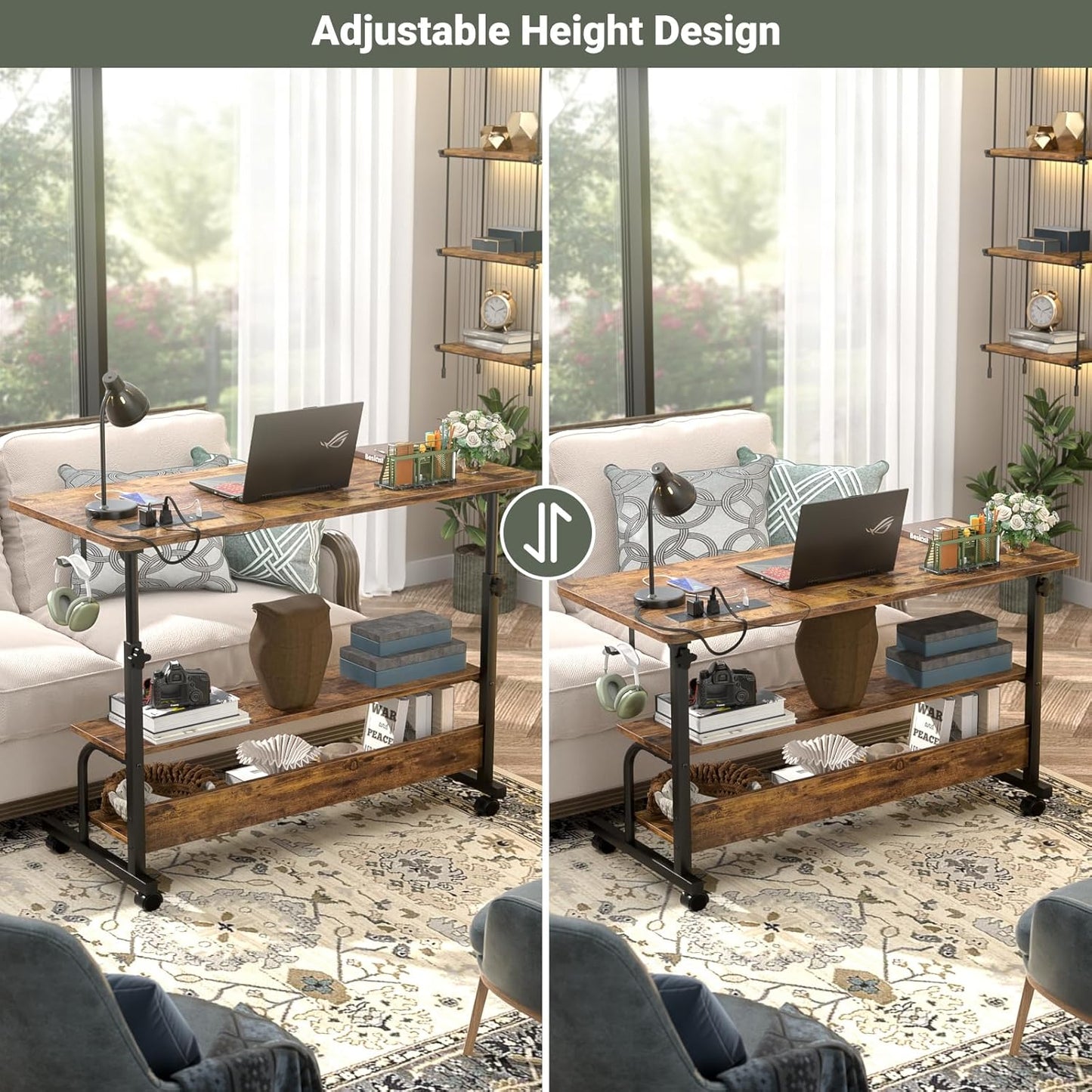 39" Height Adjustable Standing Desk with Power Outlets - Manual Rolling Stand Up Desk with Wheels Small Portable Computer Desk Mobile Laptop Table with Storage Shelves for Home Office, Rustic