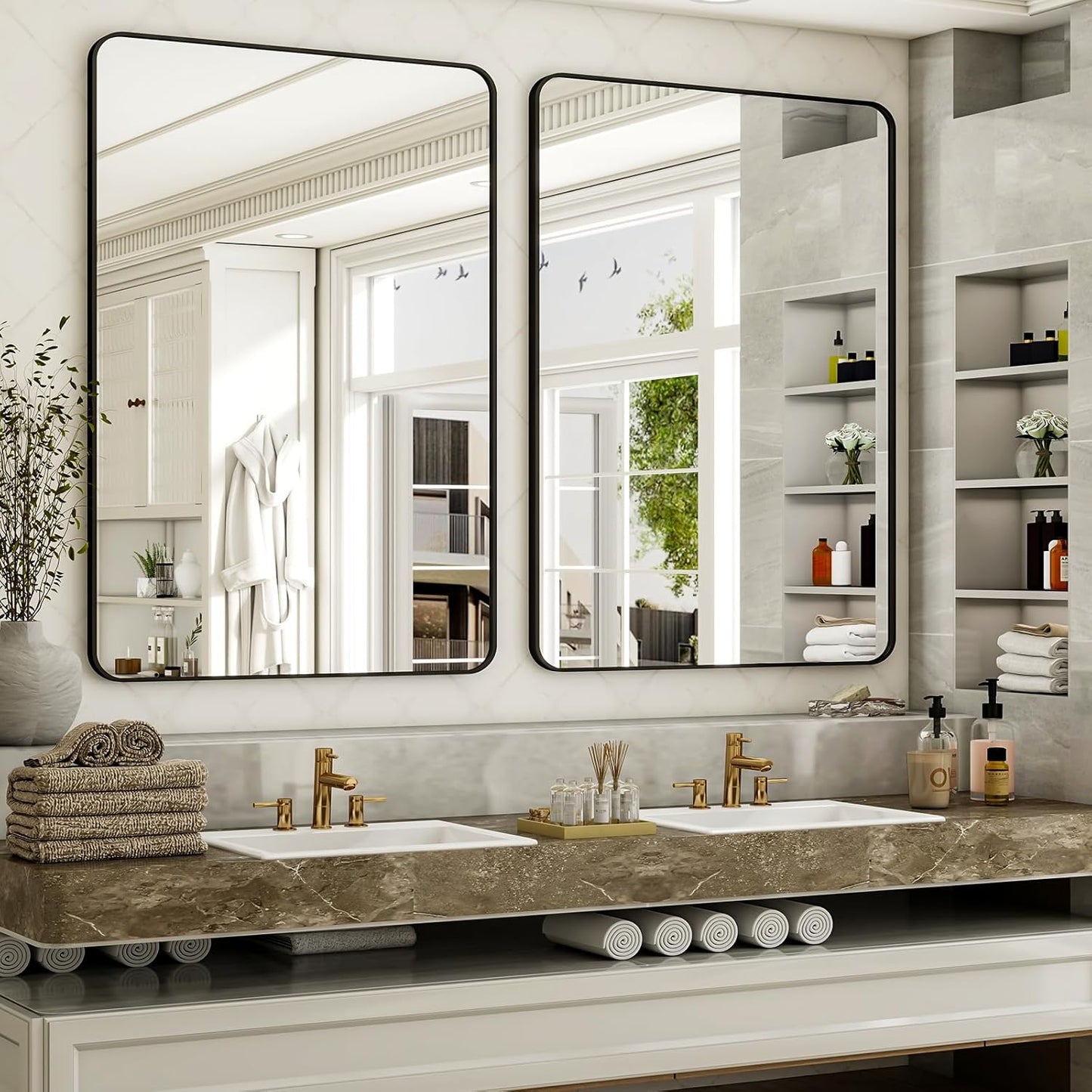 30 x 48 Inch Bathroom Mirror, Rounded Rectangular Vanity Mirror for Wall, Modern Mirror for Room Decor, Black Framed Wall-Mounted Mirrors for Home Decor, Hangs Horizontally or Vertically