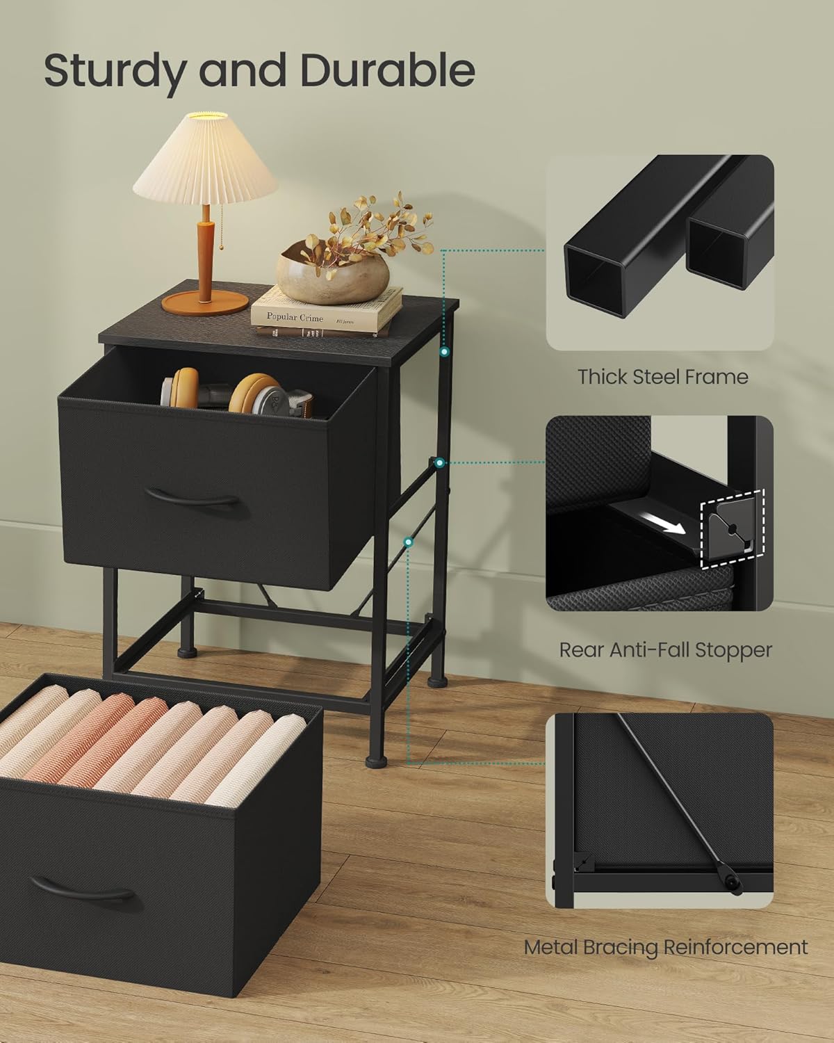 SONGMICS Dresser for Bedroom, Chest of Drawers, Nightstand, Steel, MDF, 2 Non-Woven Fabric Drawers, Storage Organizer Unit, Closet, Entryway, Ink Black and Ebony Black ULGS312B01S