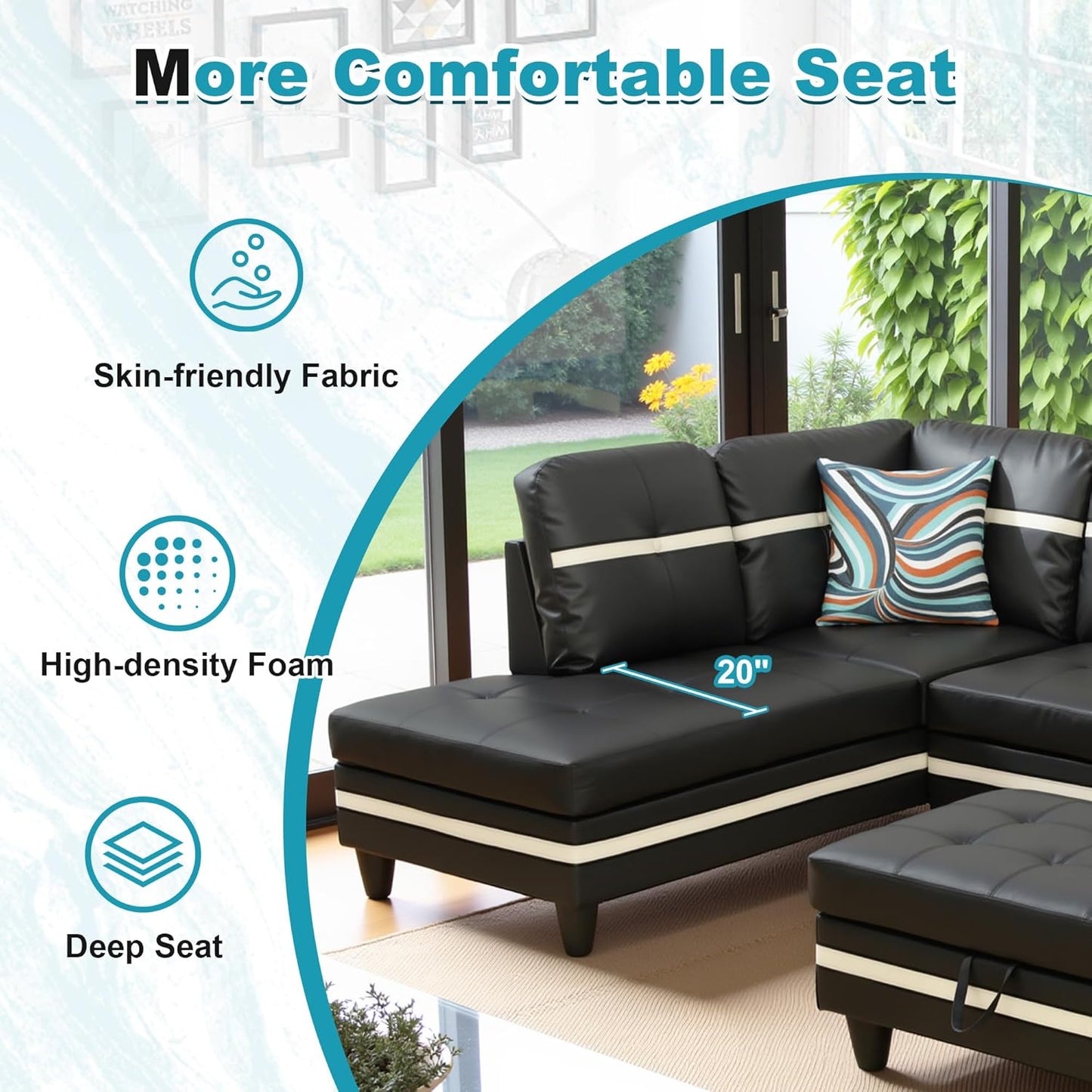 103.5" Oversized Sectional Couch, L Shaped Couch with Storage Ottoman, Modern Modular Sofa with Deep Seat, Sectional Couches for Living Room and Office, Black and White (PU Leather)