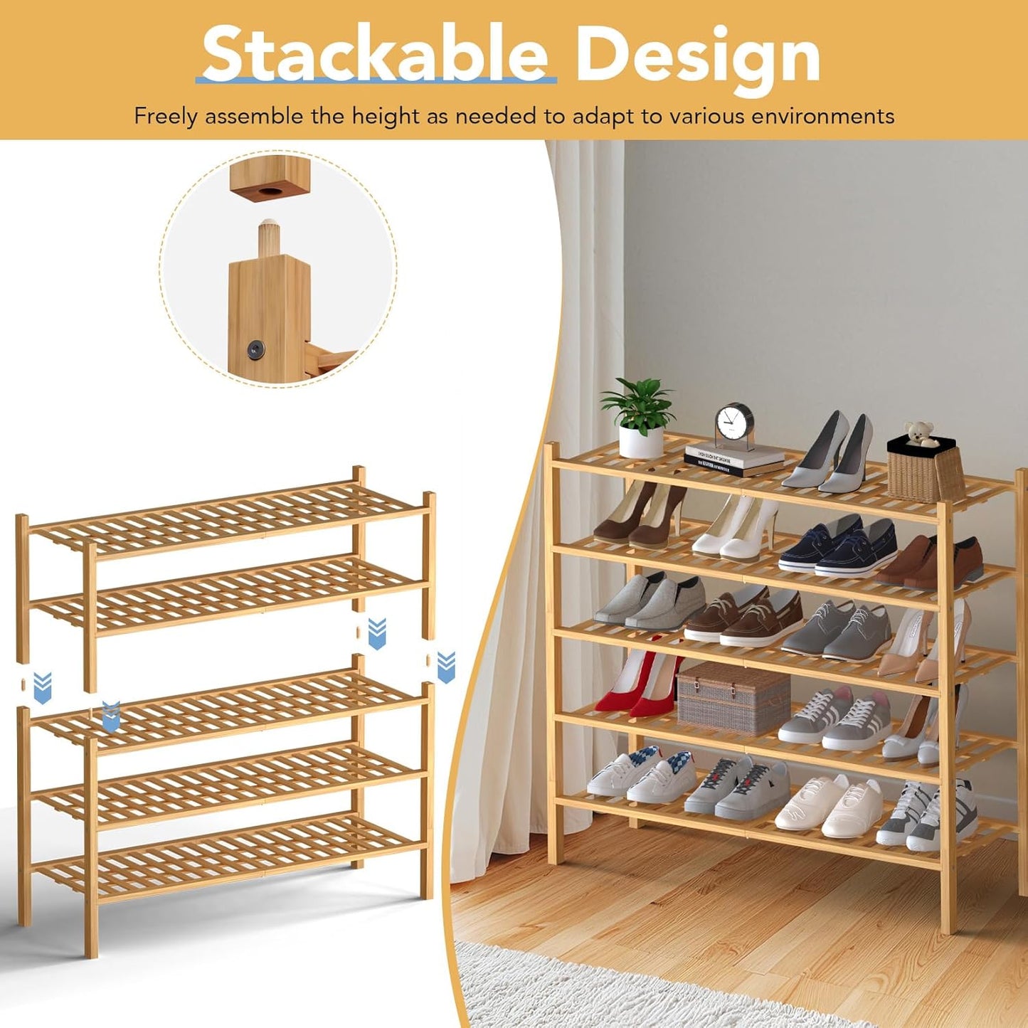 Haddockway Long 2 Tier Bamboo Shoe Rack Storage Organizer,Multifunctional Free Standing Stackable Shoe Shelf with Grid Panel for Closet,Hallway,Entryway,Small Space 34.2"x11"x13"(Natural, 2-Tier Long)