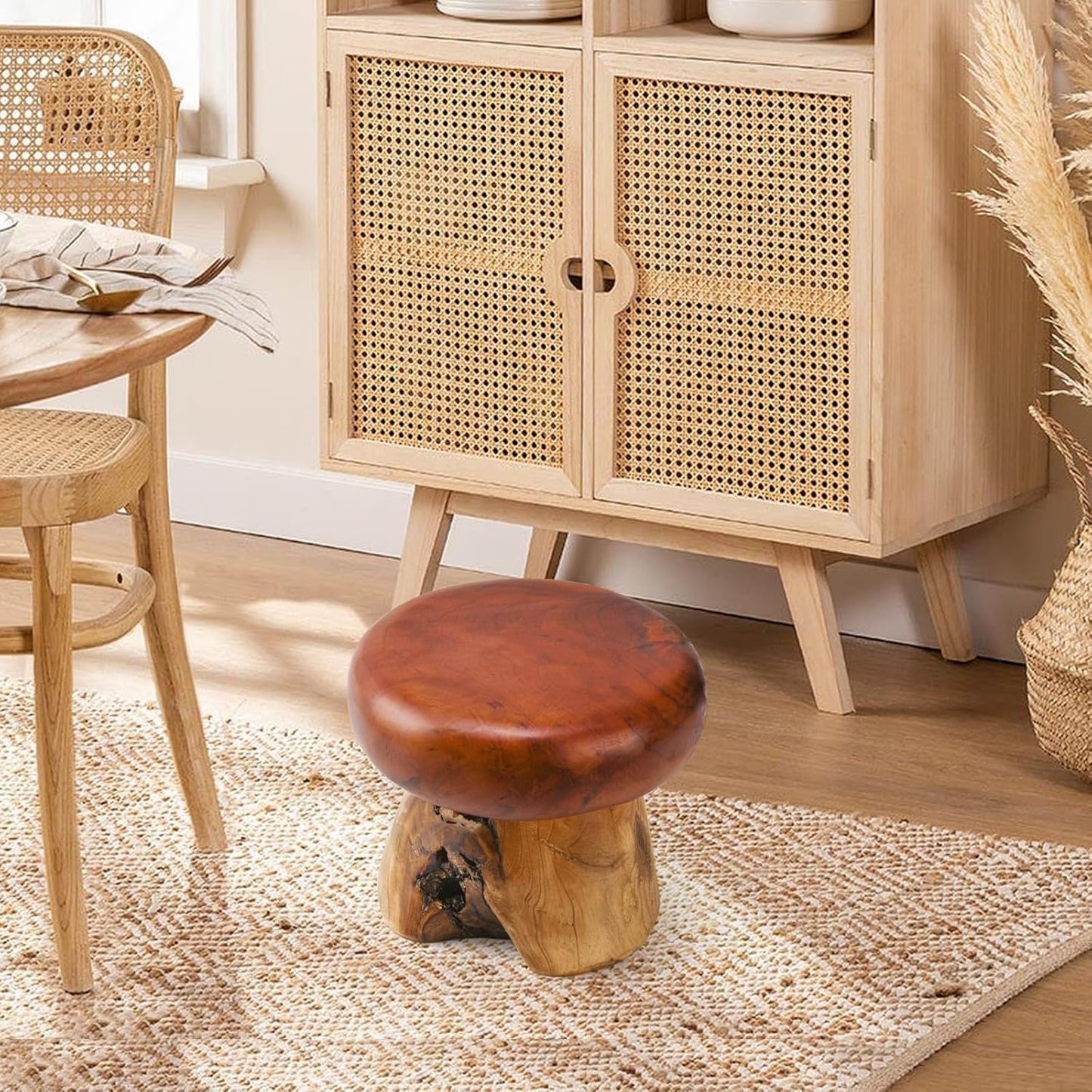 8 Inch Small Mushroom Wood Decoration, Unique Design Live Edge Wood Stool, Freeform Natural Plant Stand for Garden, Yard, Living Room, Bedroom