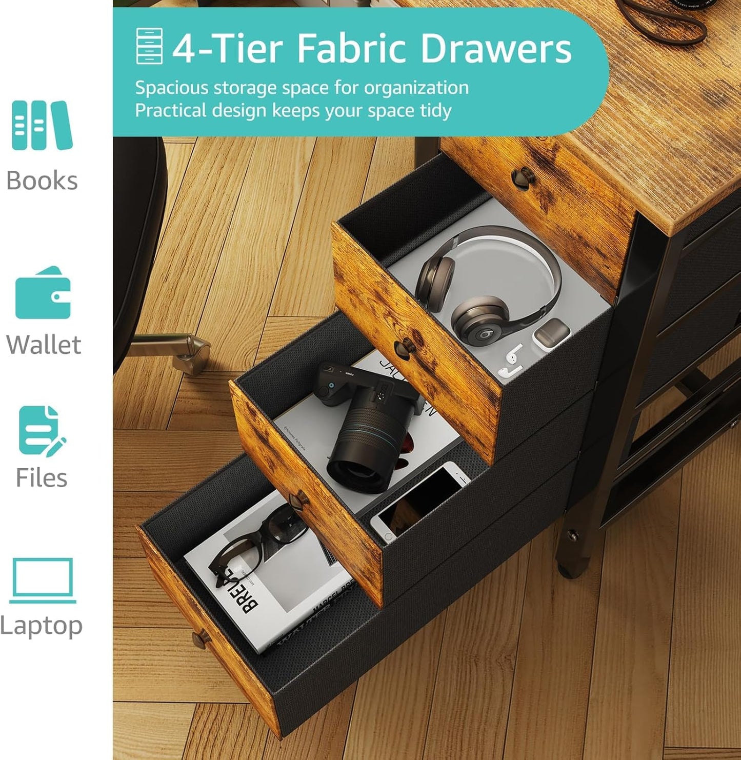 Lufeiya 40 inch Computer Desk with 4 Fabric Drawers, Kids Student Reversible Small Desks for Home Office Small Space, Work PC Desk Table for Bedroom, Rustic Brown