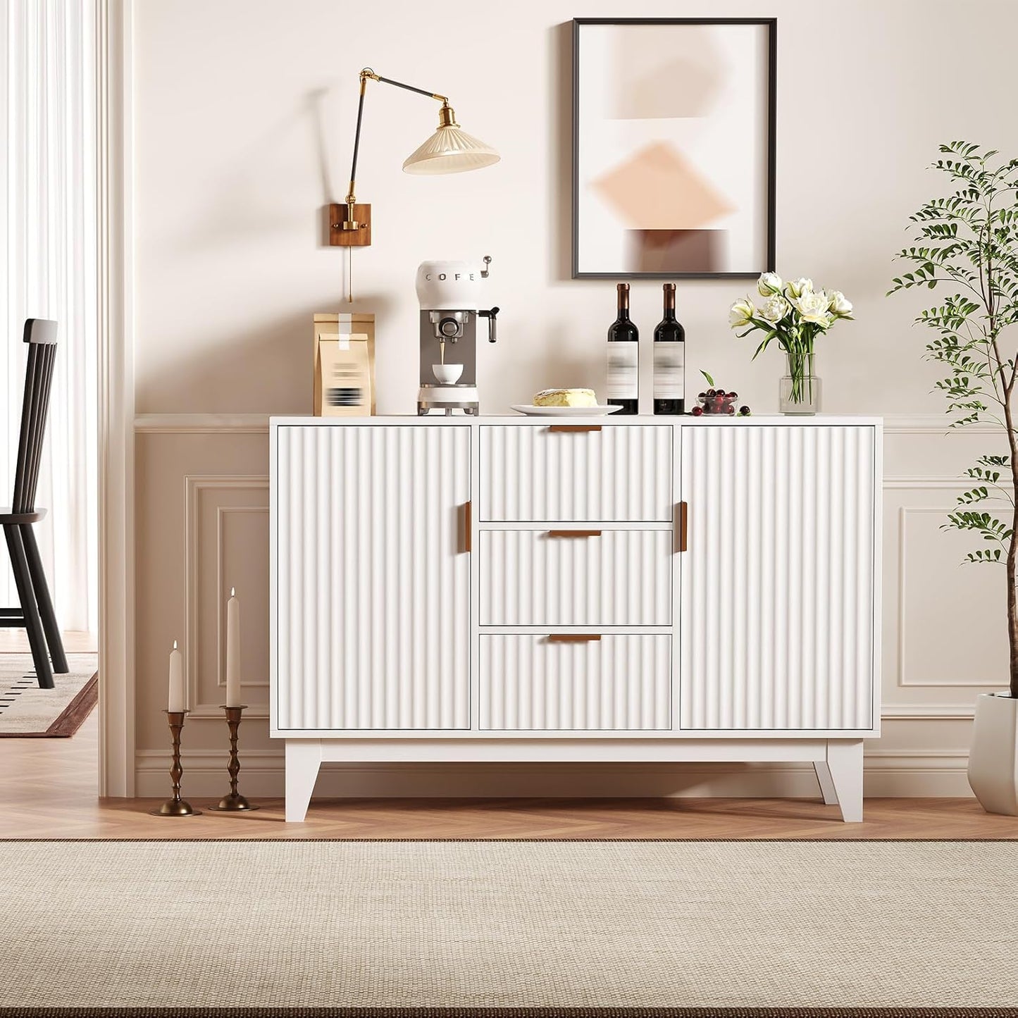 Garvee 47.2" Fluted Buffet Cabinets with Storage, Sideboard Storage Cabinet with 3 Drawers and 2 Doors, Modern Mid Century TV Stand Coffee Bar Furniture for Living Room, Kitchen, Entryway- White