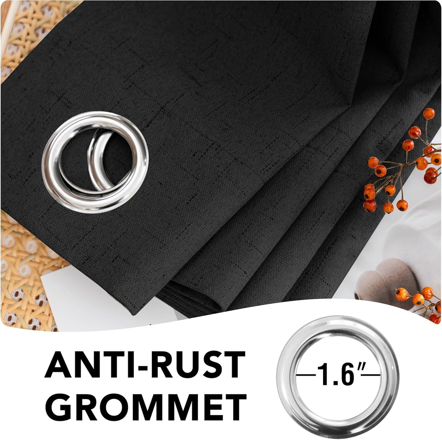 H.VERSAILTEX Bedroom Curtains Blackout Linen Blackout Curtains 84 Inches Long, 100% Blackout Thermal Textured Linen Look Curtain Draperies Grommet with White Liner, 2 Panels, Black