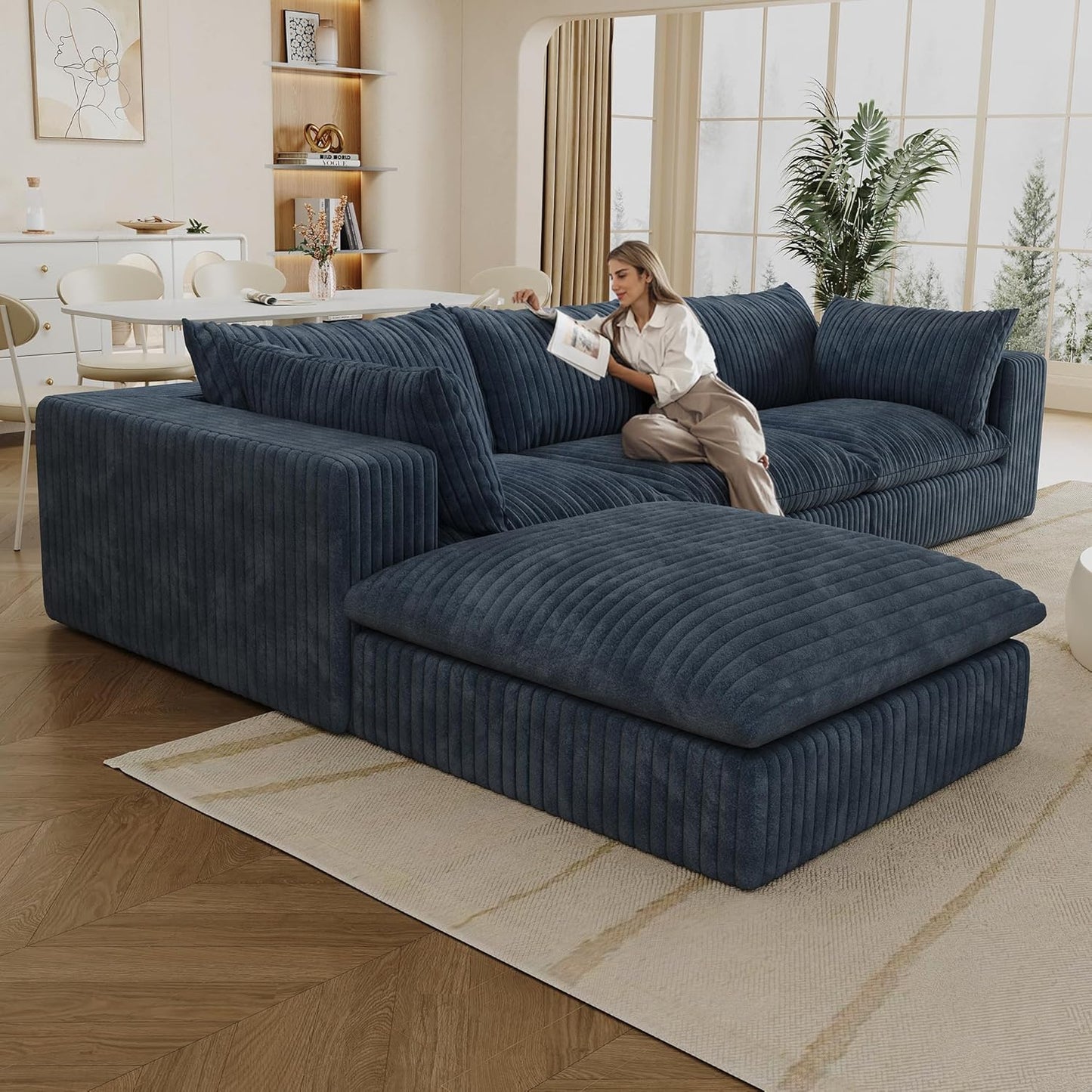 118.2" L Shaped Modular Sectional Cloud Couch with Ottoman, Plush Corduroy Upholstered Compression Sofa, 4-Seat Deep Seat Boneless Sofa Couches with Throw Pillow