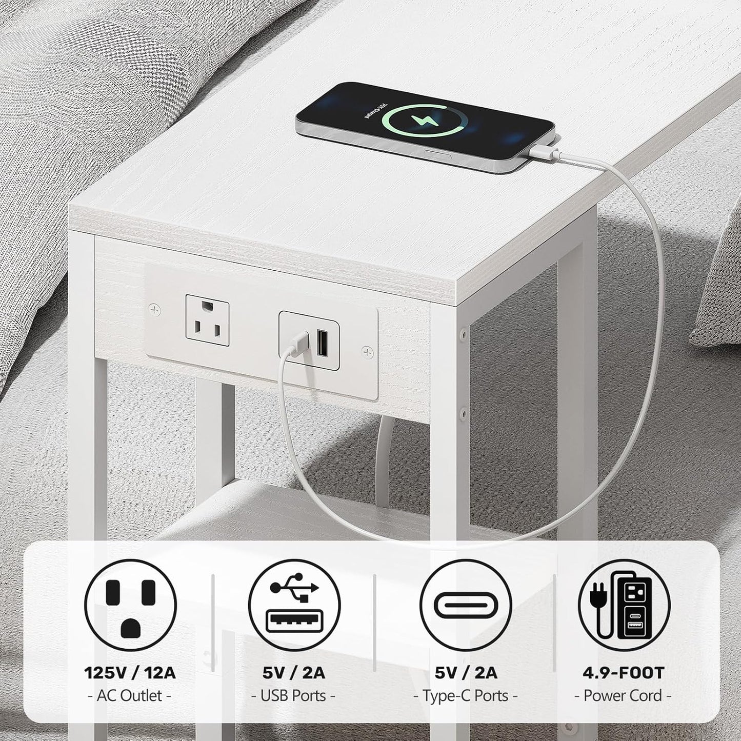 C Shaped End Table with Charging Station, Small Side Table for Couch Recliner, Slide Under Sofa Desk Snack Tables with Storage Bag & AC / USB Outlet, Small Spaces Drink Tables for Living Room, Bedroom